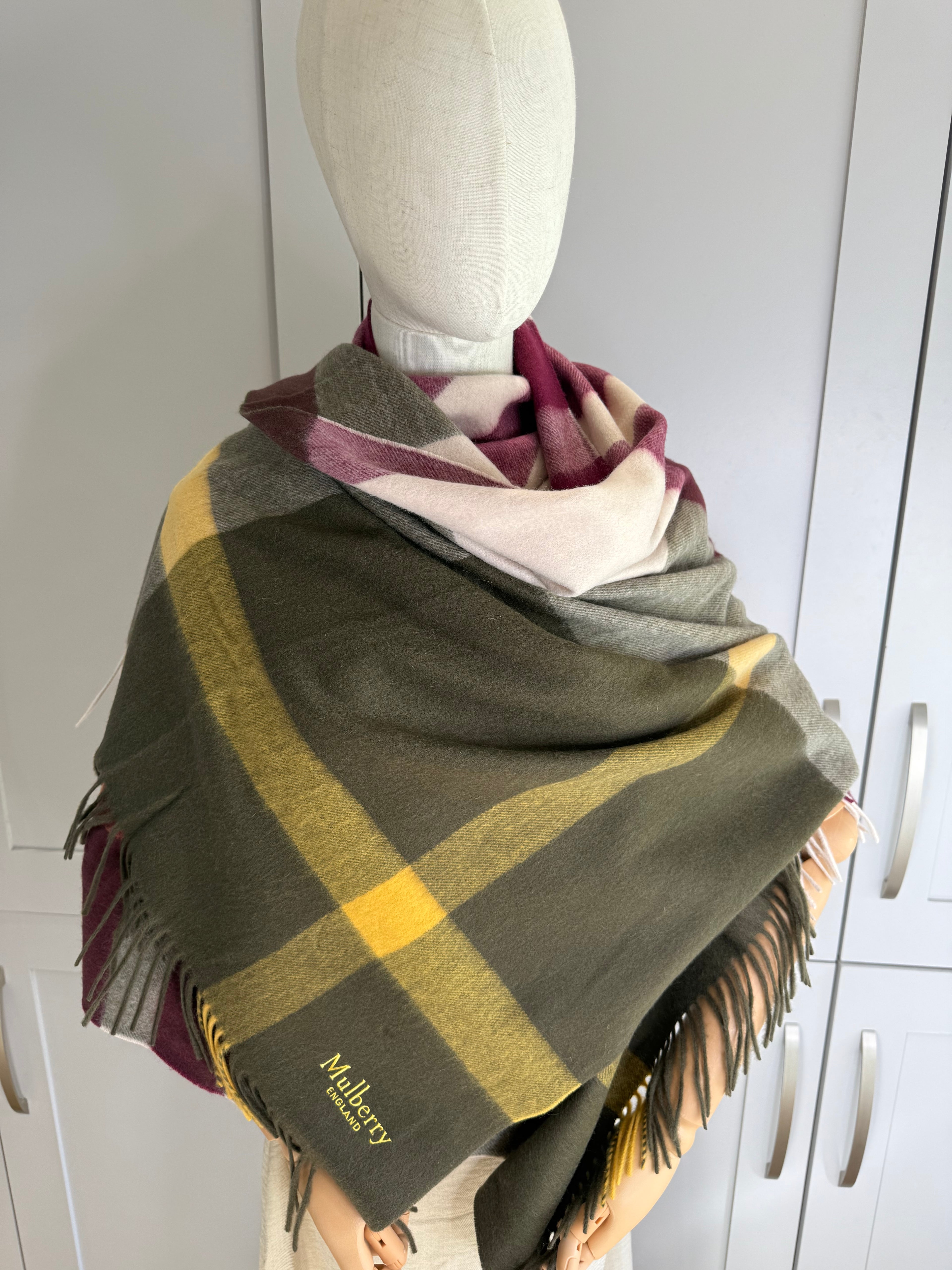 Mulberry Large Check Lambswool Scarf Shawl Khaki & Berry – Brand New RRP £295
