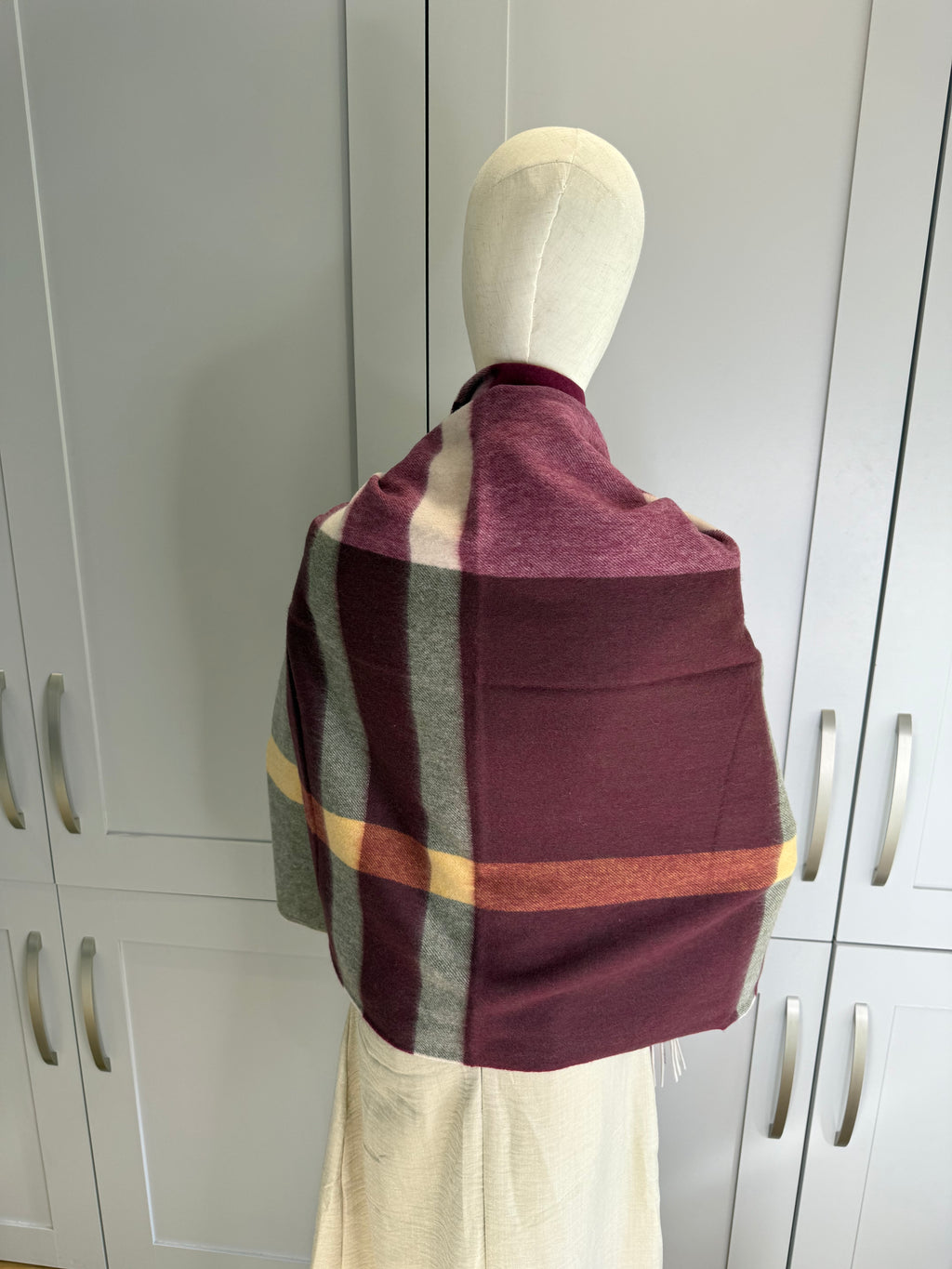 Mulberry Large Check Lambswool Scarf Shawl Khaki & Berry – Brand New RRP £295