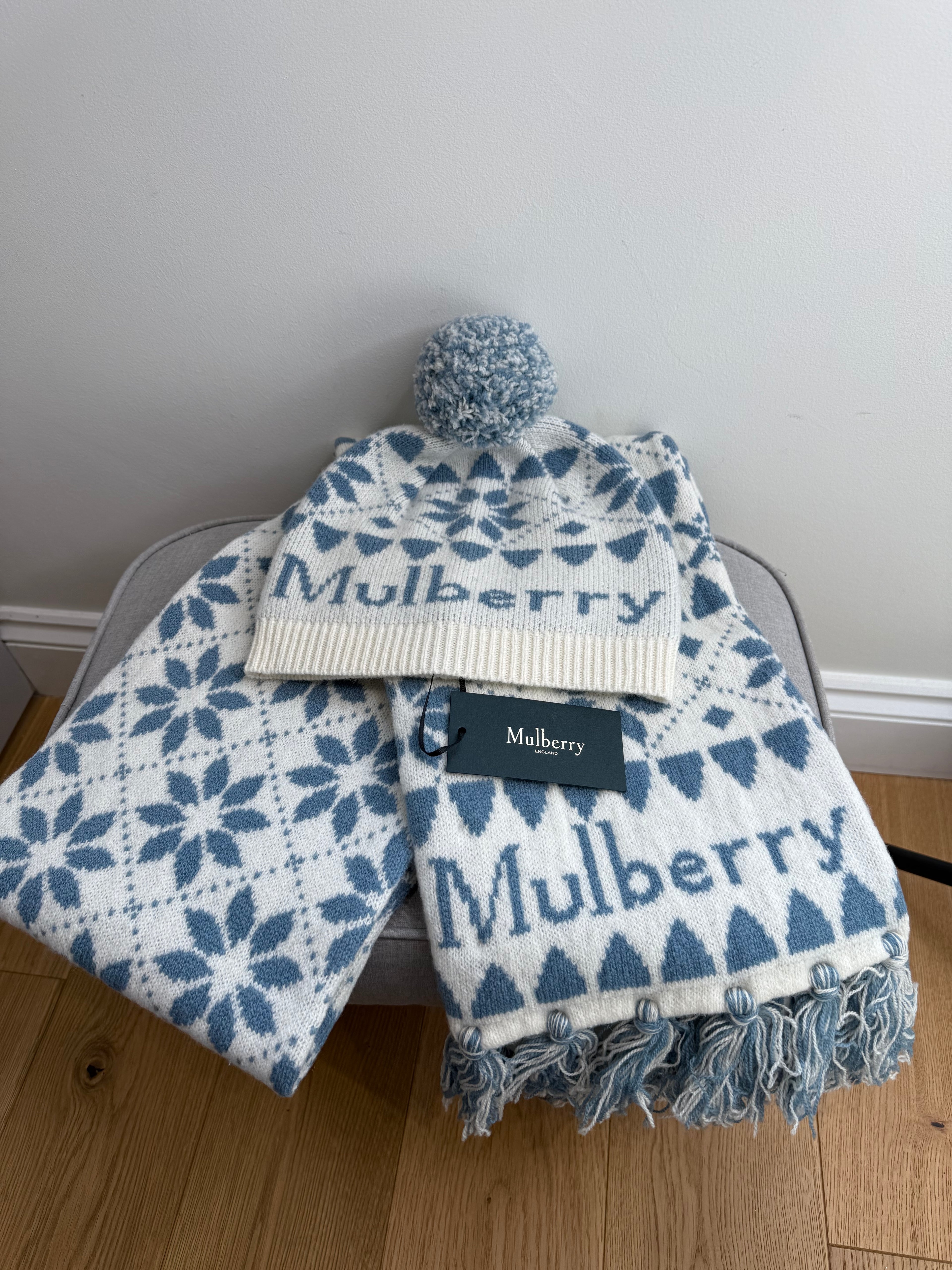 Mulberry Fairisle Beanie and Knitted Scarf Set in Poplin Blue and Ecru