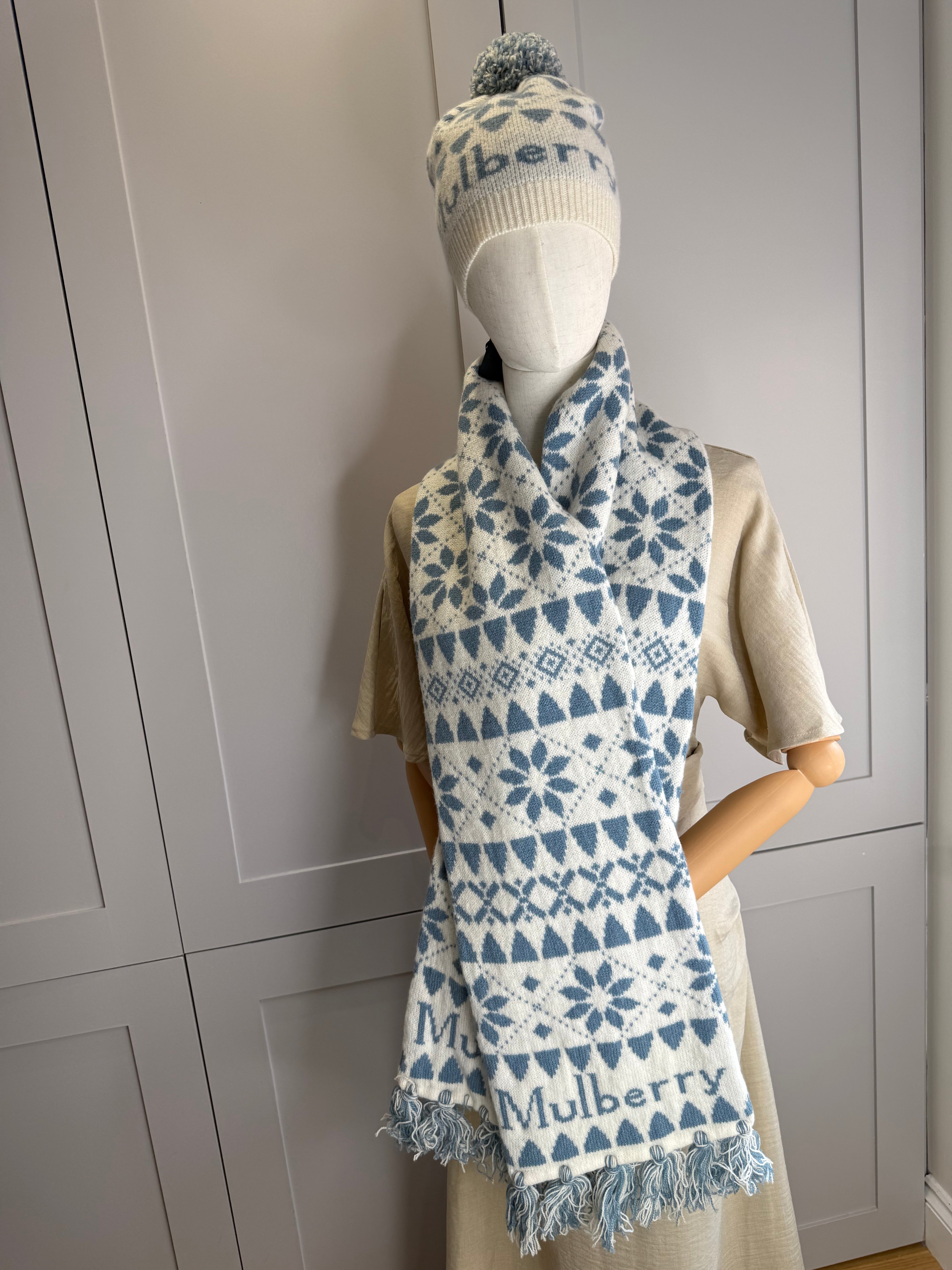 Mulberry Fairisle Beanie and Knitted Scarf Set in Poplin Blue and Ecru