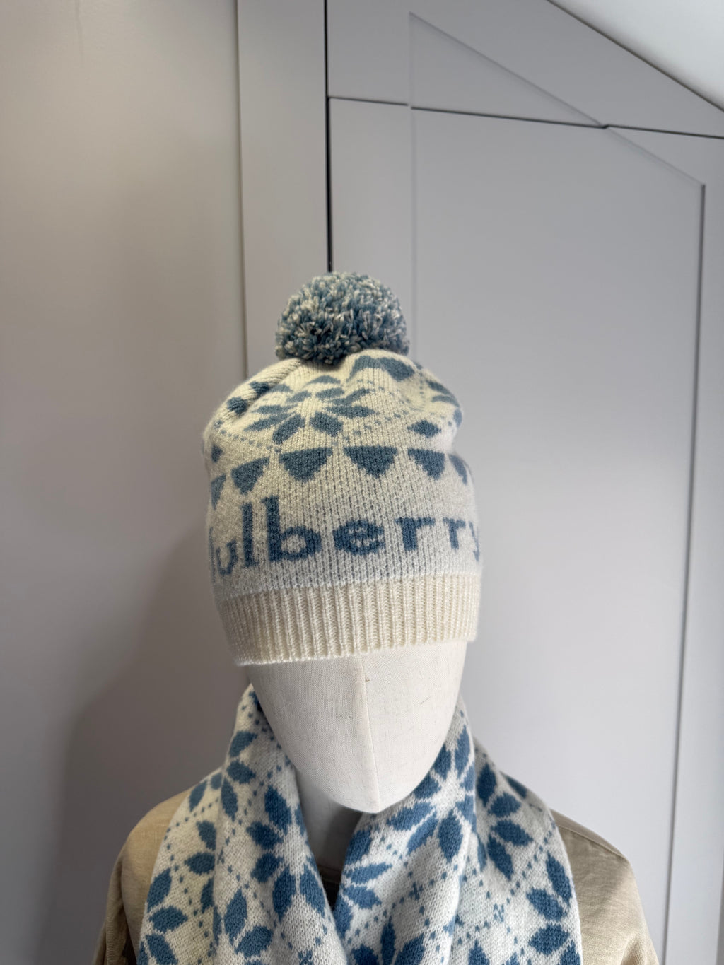 Mulberry Fairisle Beanie and Knitted Scarf Set in Poplin Blue and Ecru