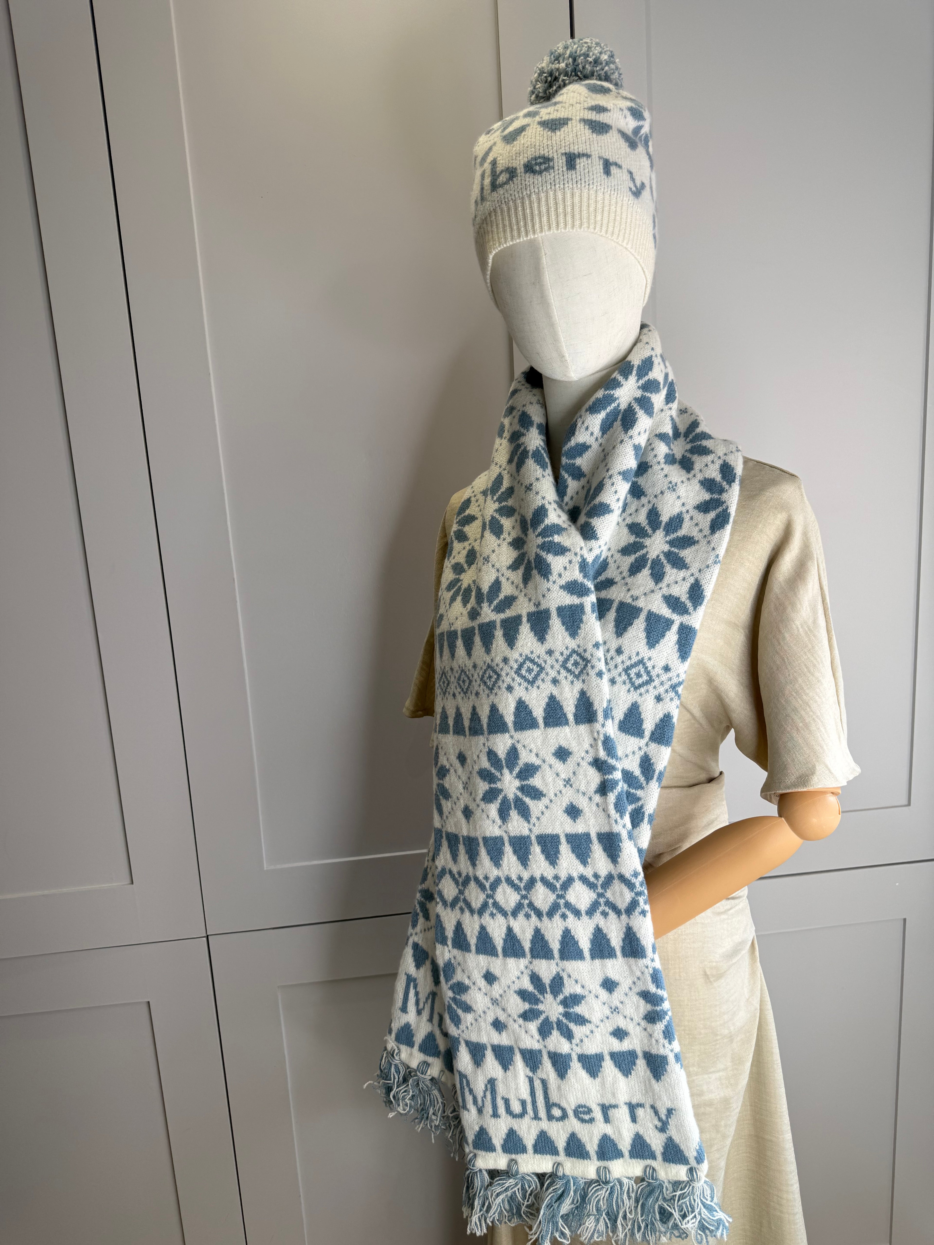 Mulberry Fairisle Beanie and Knitted Scarf Set in Poplin Blue and Ecru