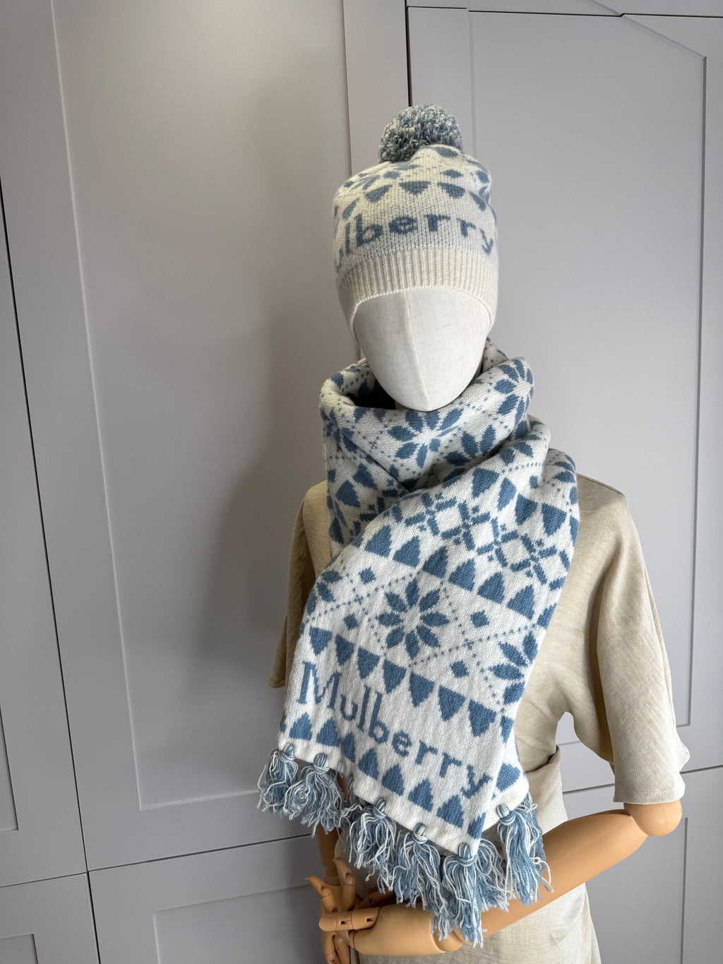 Mulberry Fairisle Beanie and Knitted Scarf Set in Poplin Blue and Ecru