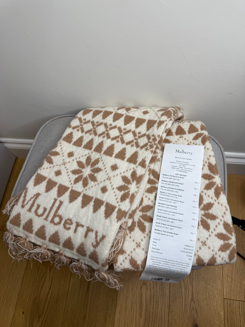 Mulberry Fairsle Knitted Scarf in Taupe and Ecru