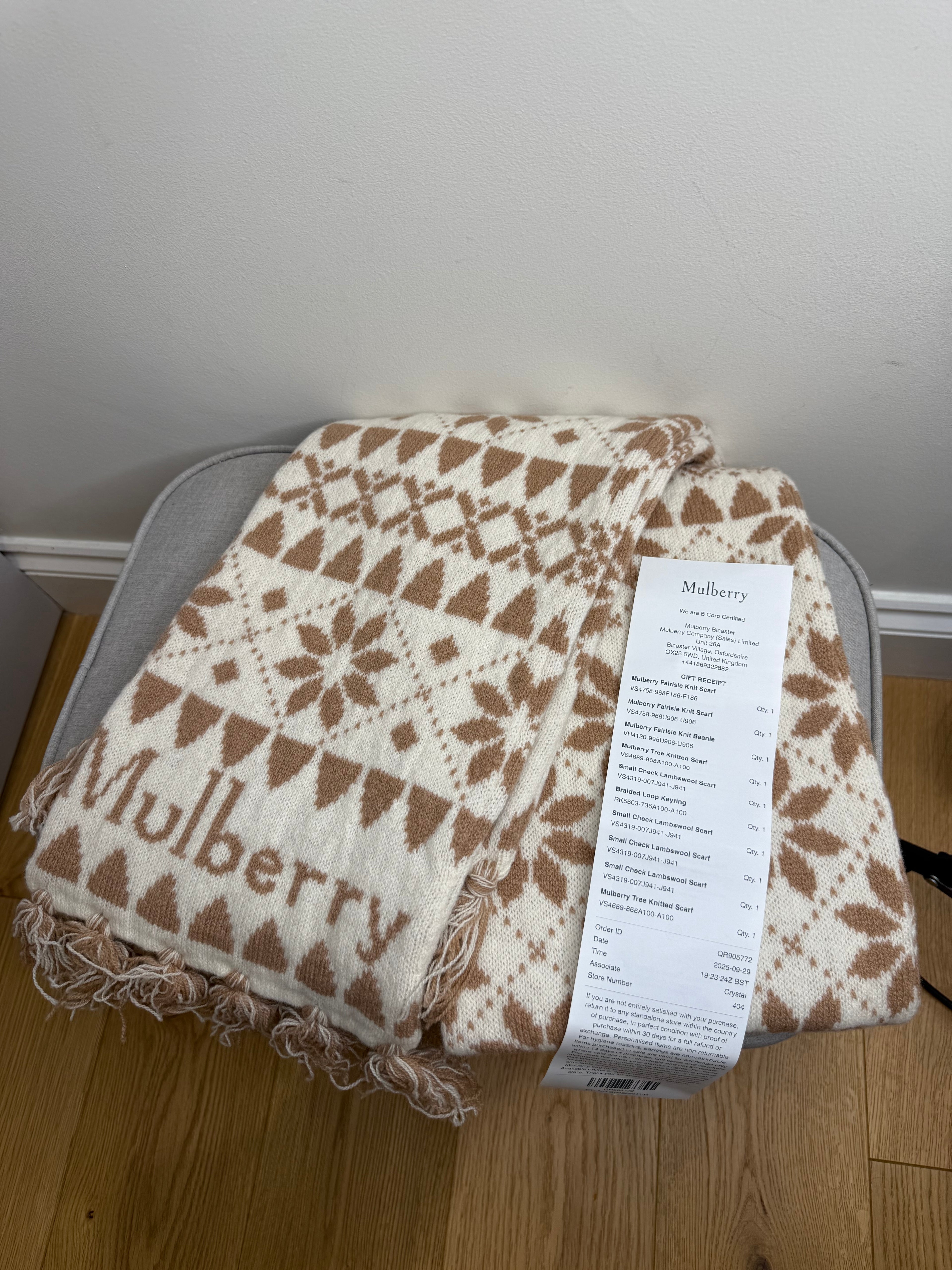 Mulberry Fairsle Knitted Scarf in Taupe and Ecru