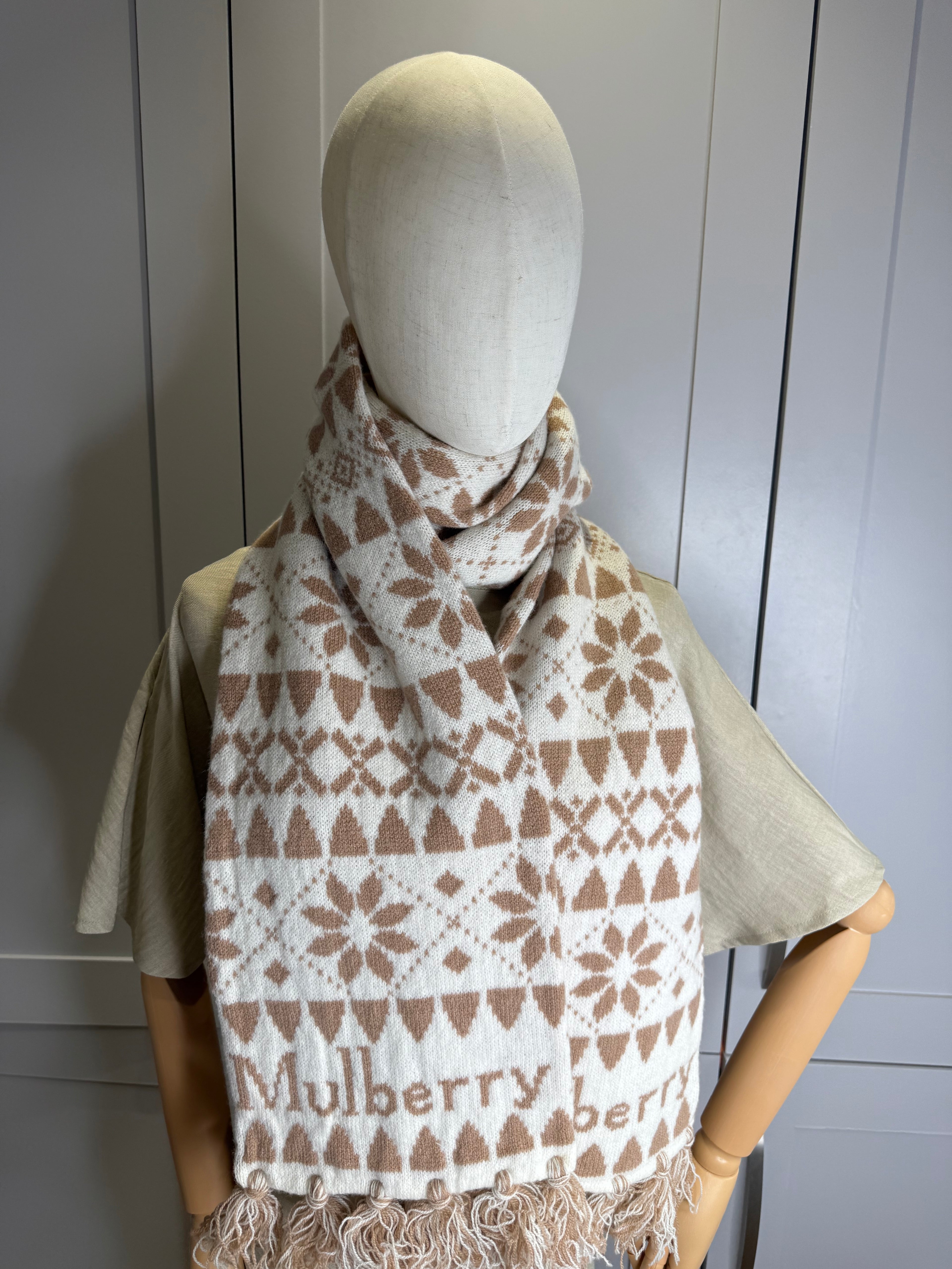 Mulberry Fairsle Knitted Scarf in Taupe and Ecru