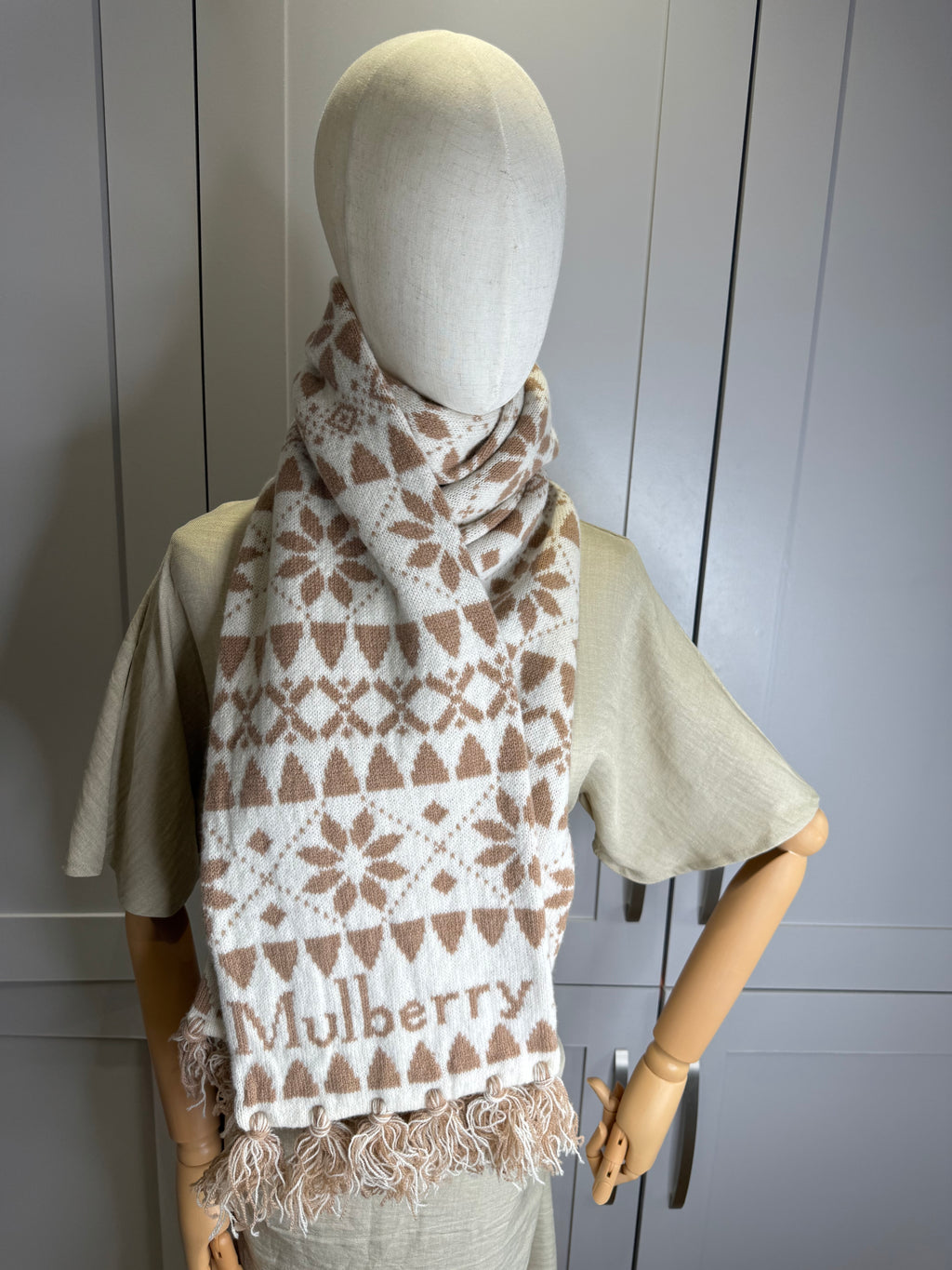 Mulberry Fairsle Knitted Scarf in Taupe and Ecru