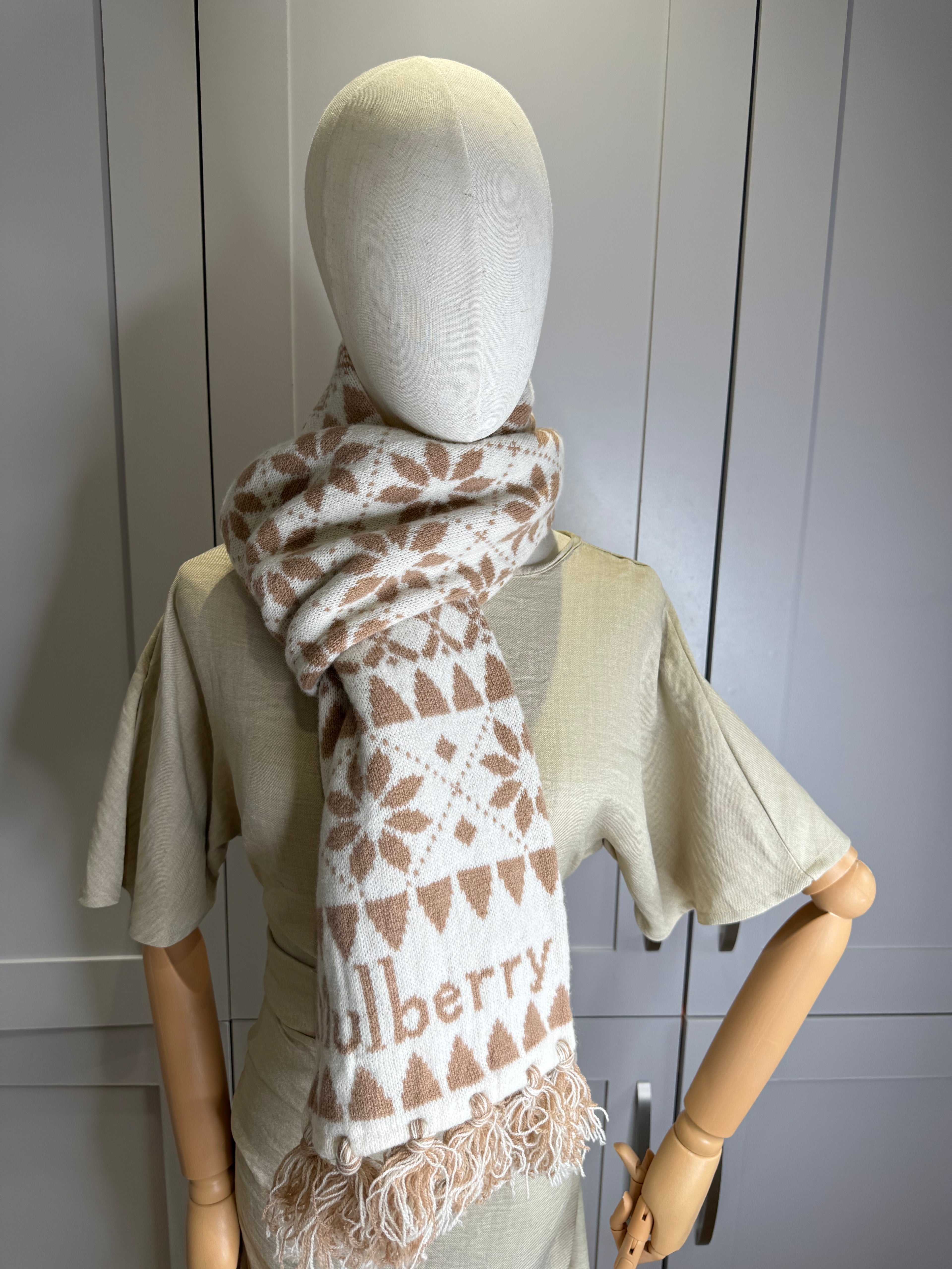 Mulberry Fairsle Knitted Scarf in Taupe and Ecru