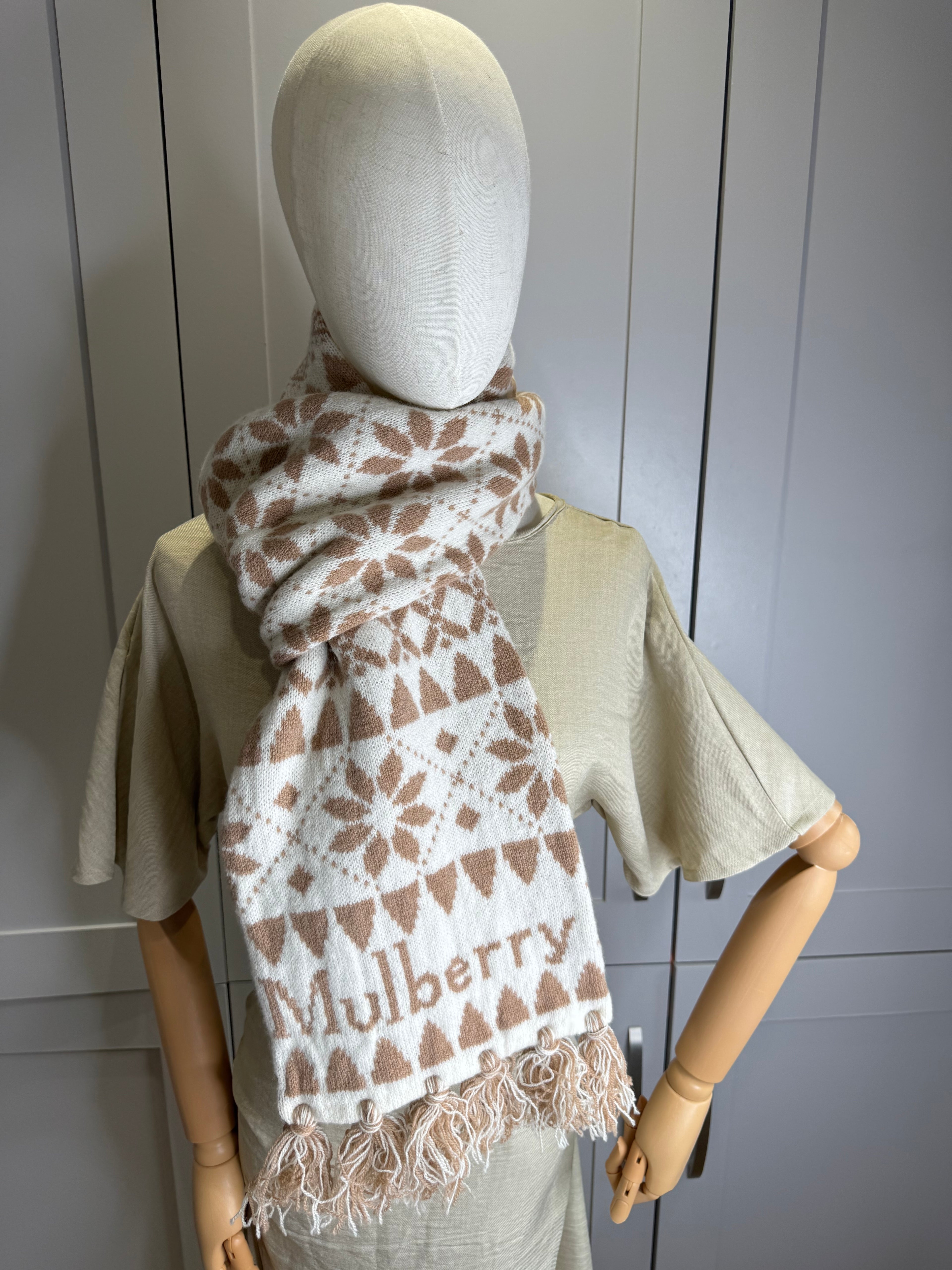 Mulberry Fairsle Knitted Scarf in Taupe and Ecru