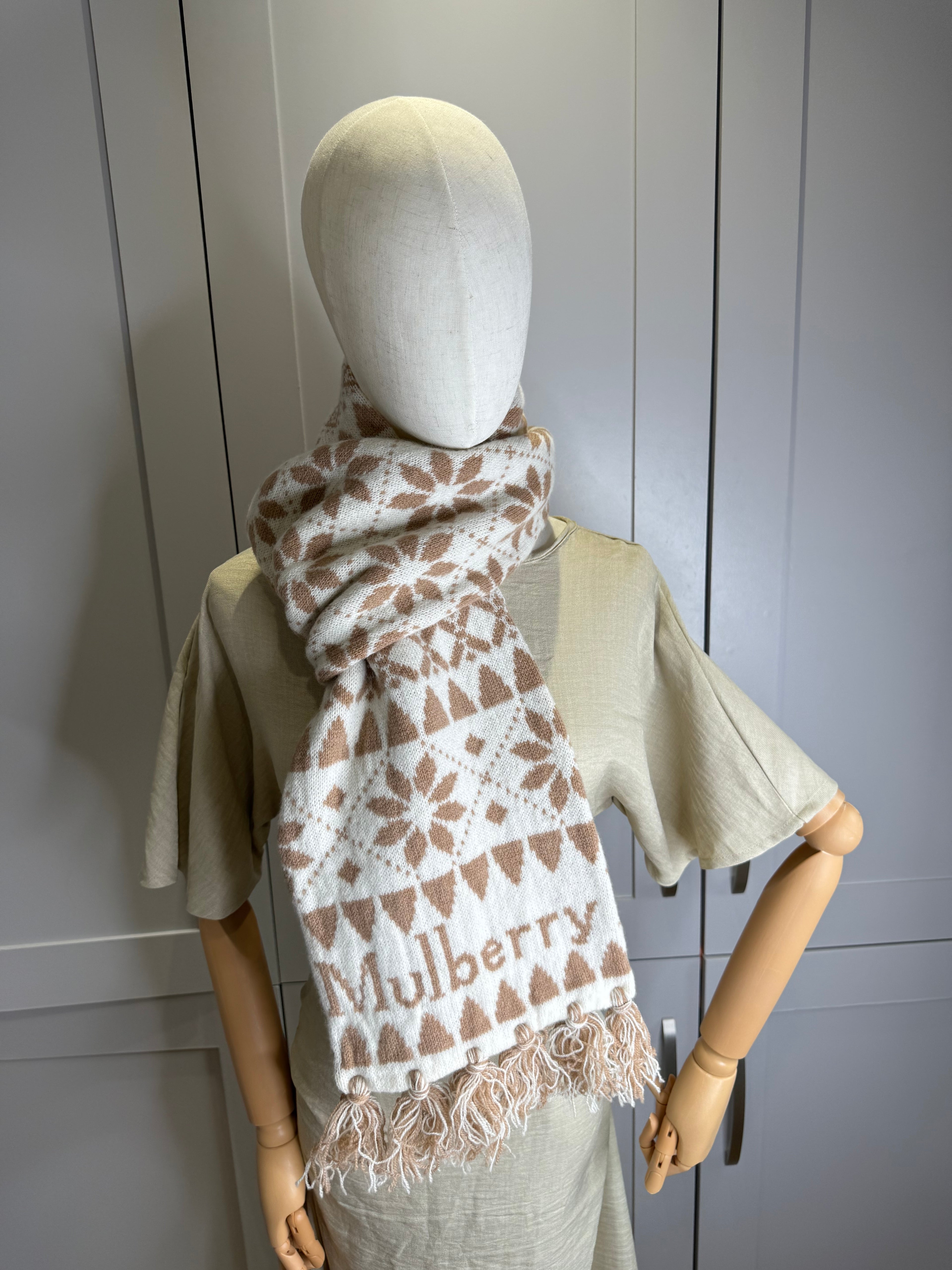 Mulberry Fairsle Knitted Scarf in Taupe and Ecru