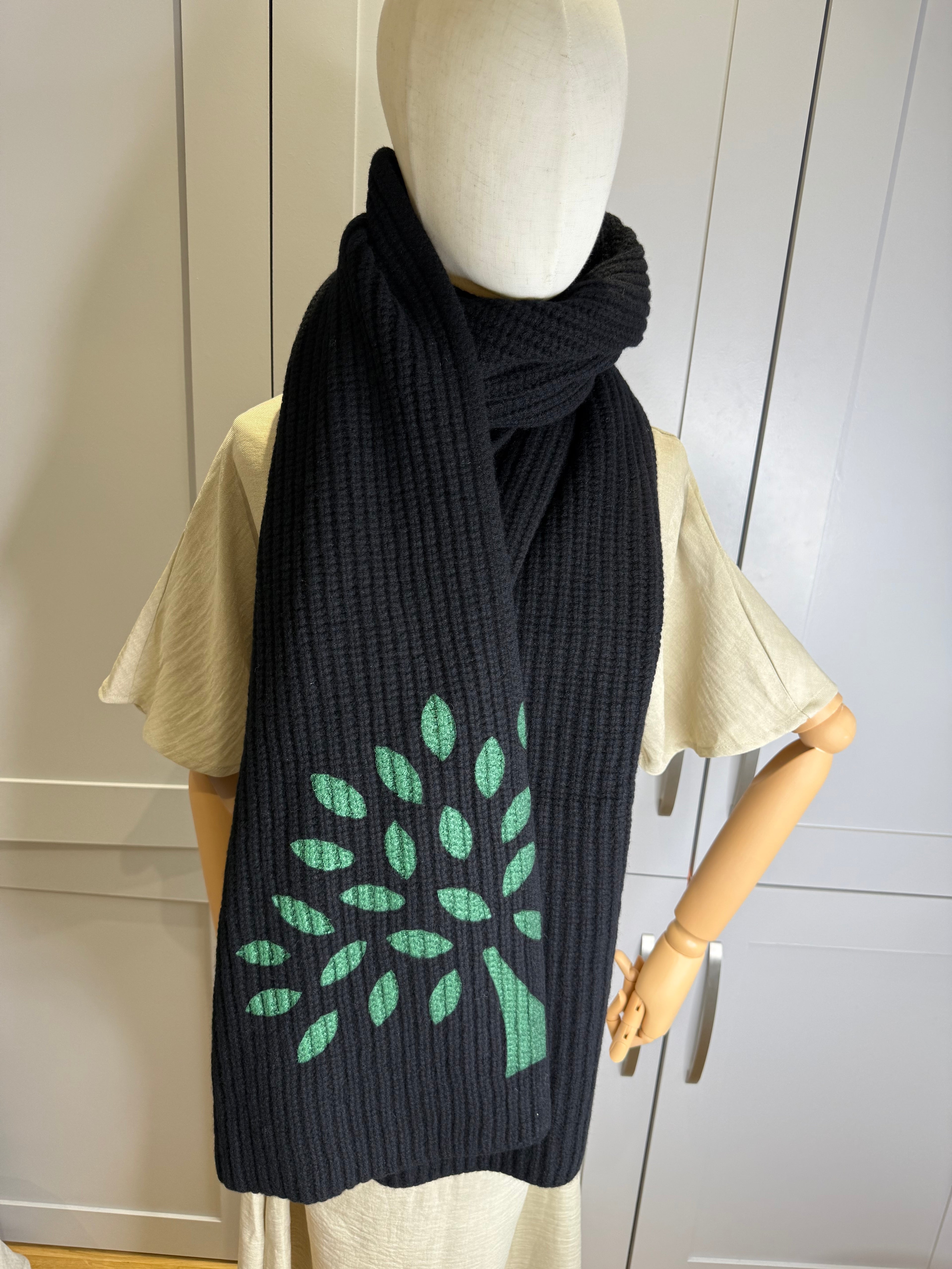 Mulberry Lambswool Tree Knitted Scarf In Black and Green