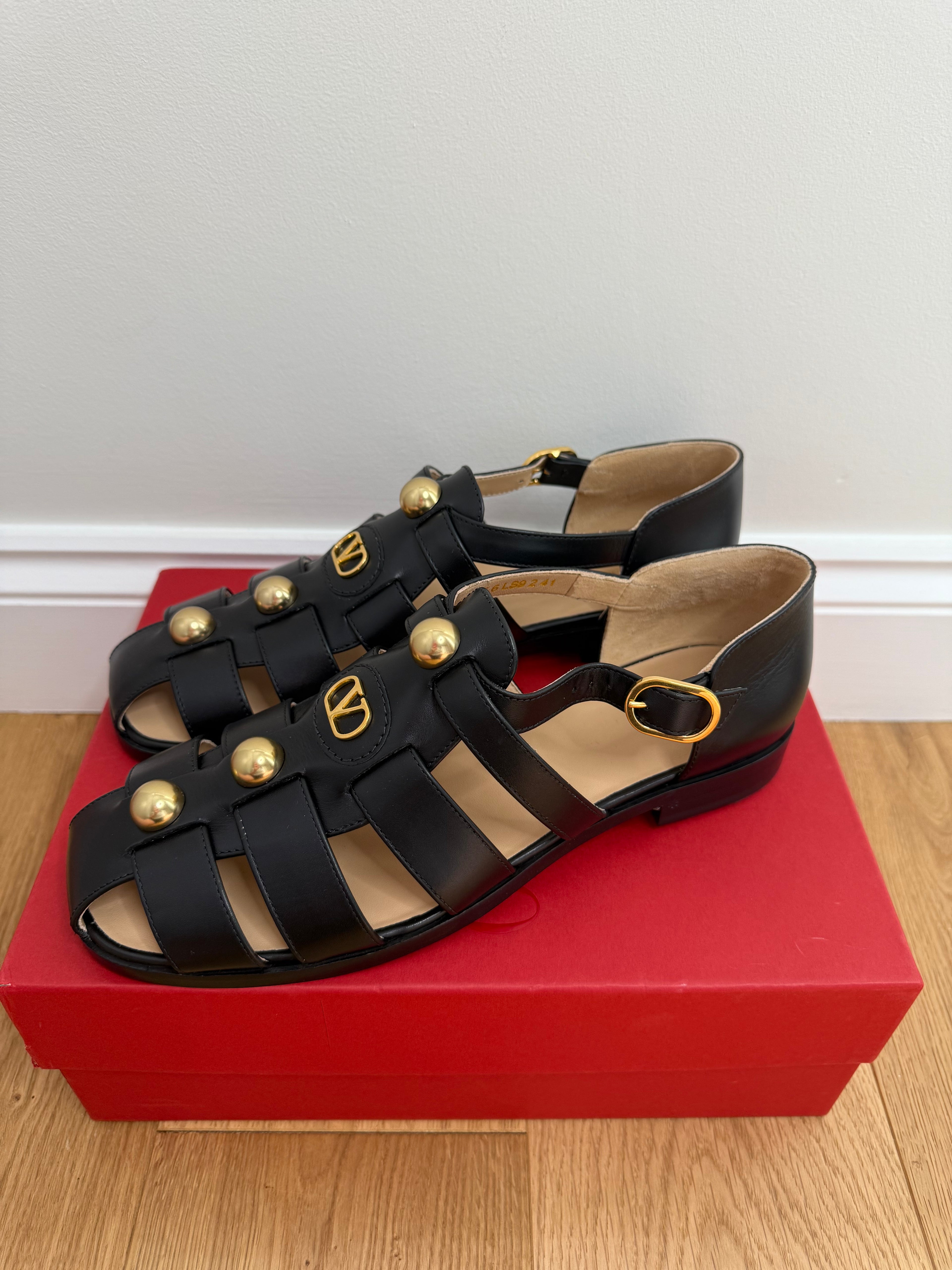 New Valentino Garavani Black Leather Gladiator style sandals