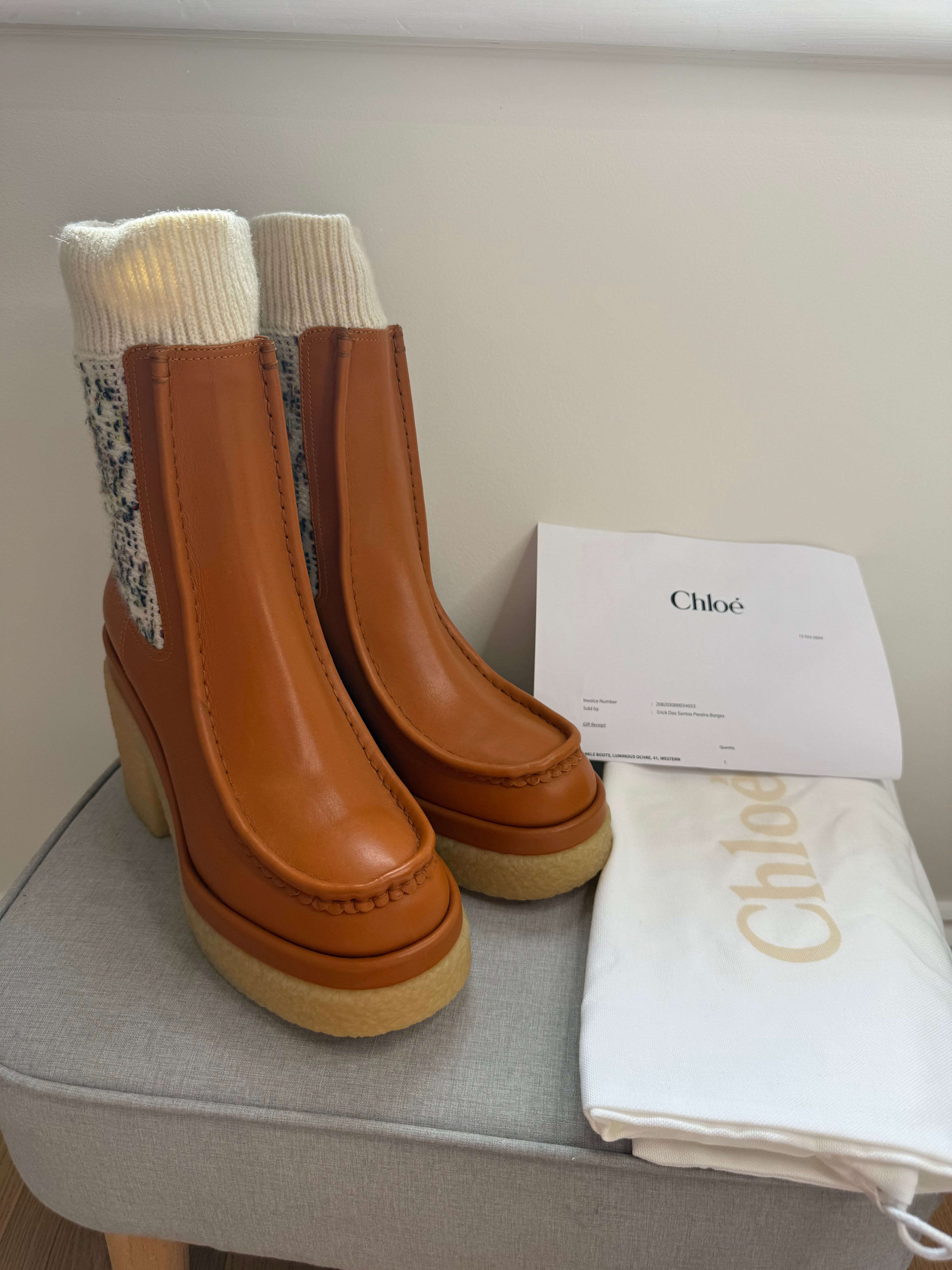 New Chloe Jamie Heeled Leather Cashmere Sock Boots in Tan