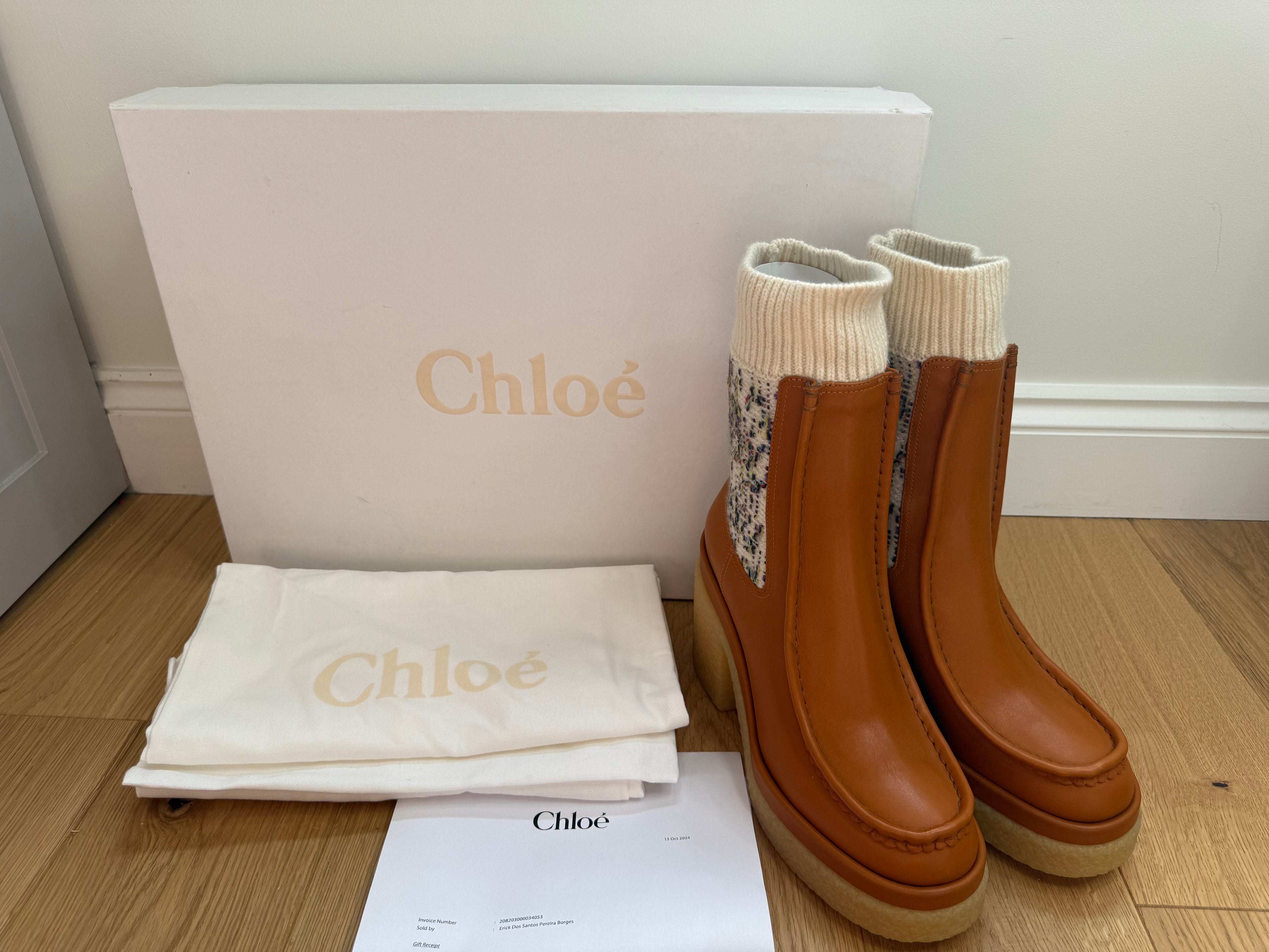 New Chloe Jamie Heeled Leather Cashmere Sock Boots in Tan