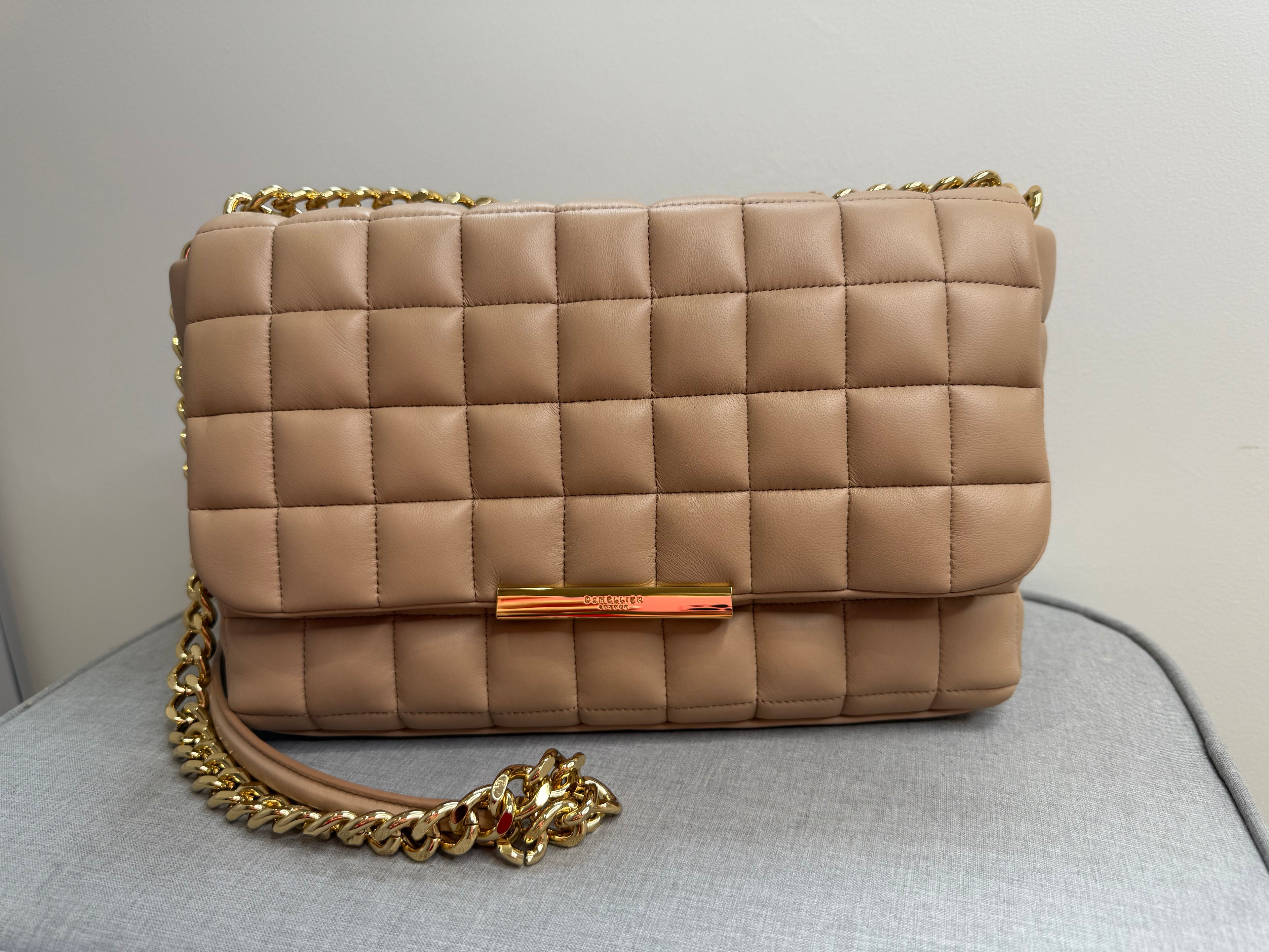 DeMellier Beige Quilted Leather Shoulder Bag with gold chain crossbody strap