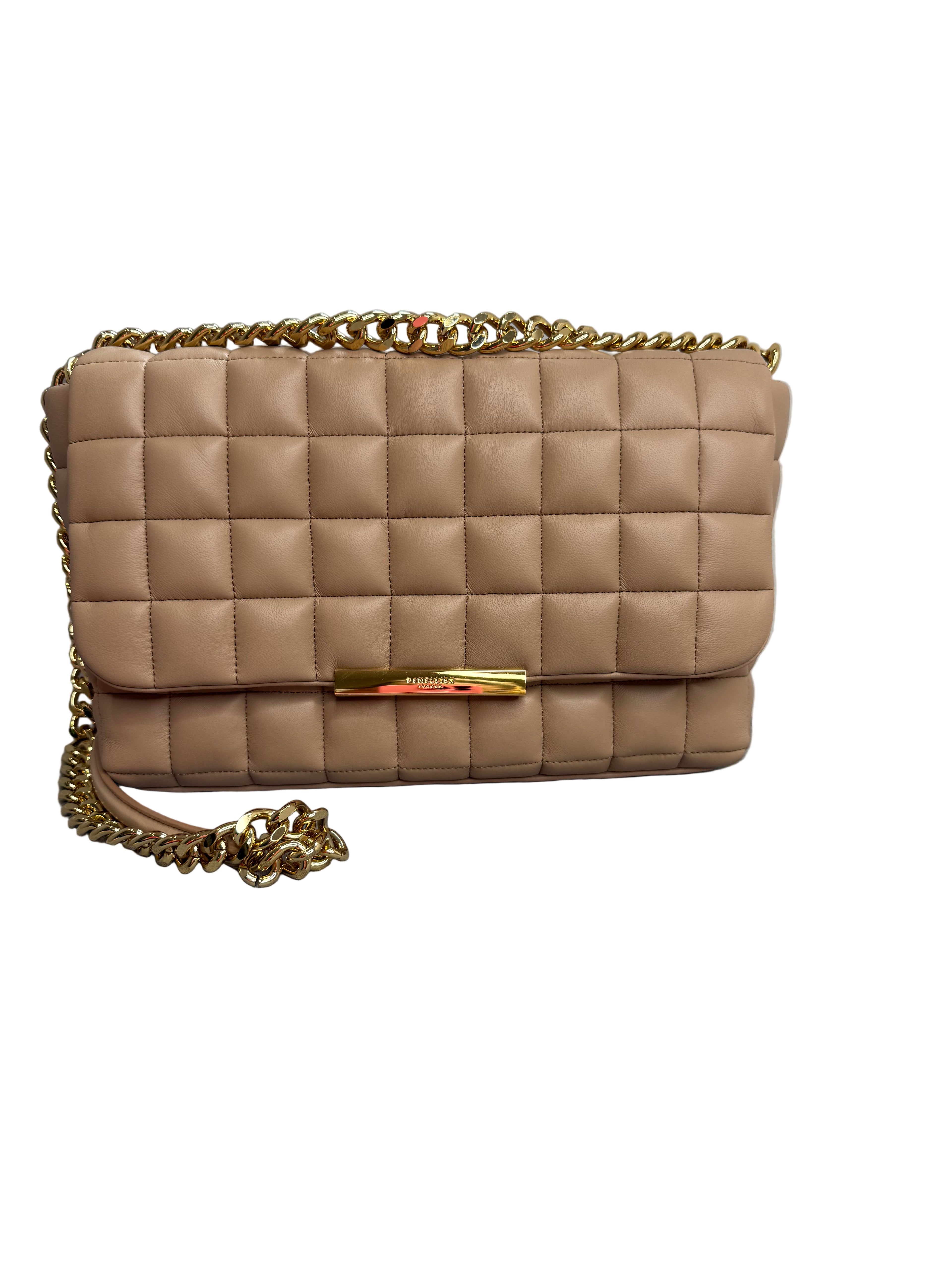 DeMellier Beige Quilted Leather Shoulder Bag with gold chain crossbody strap