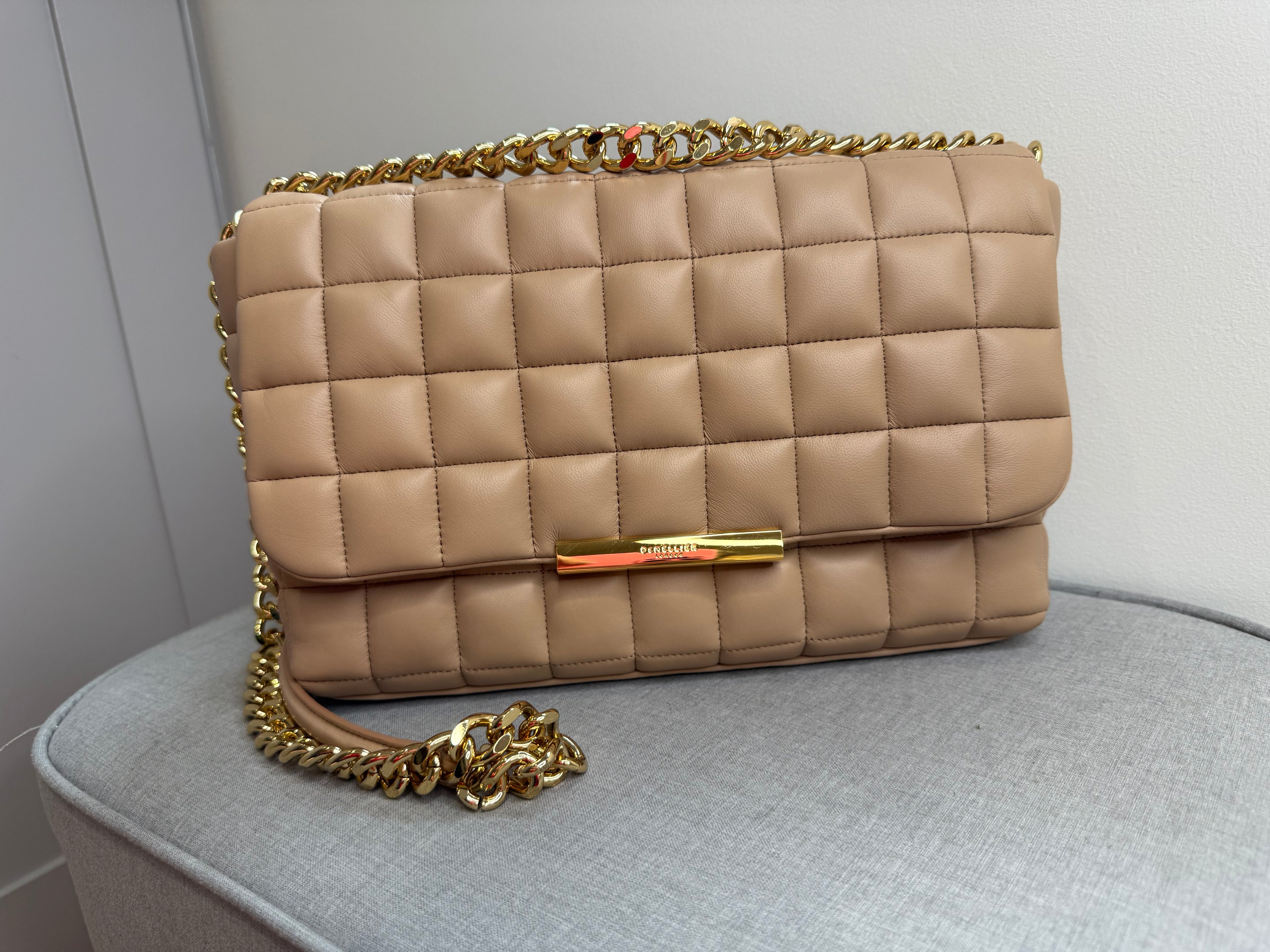 DeMellier Beige Quilted Leather Shoulder Bag with gold chain crossbody strap