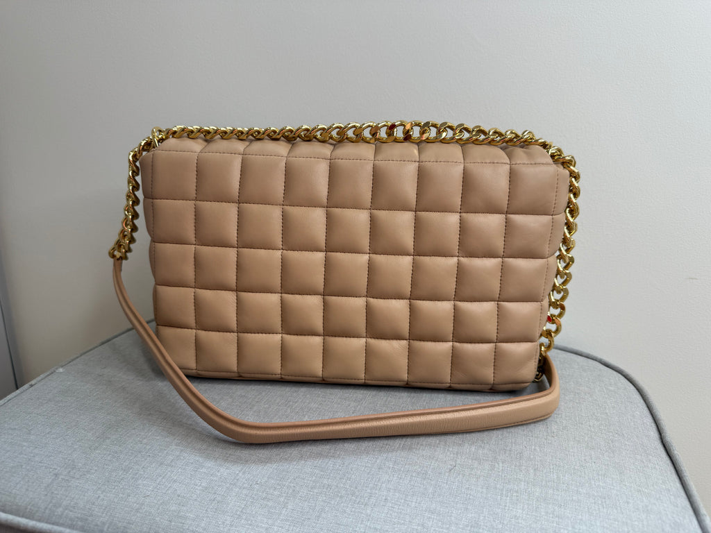 DeMellier Beige Quilted Leather Shoulder Bag with gold chain crossbody strap