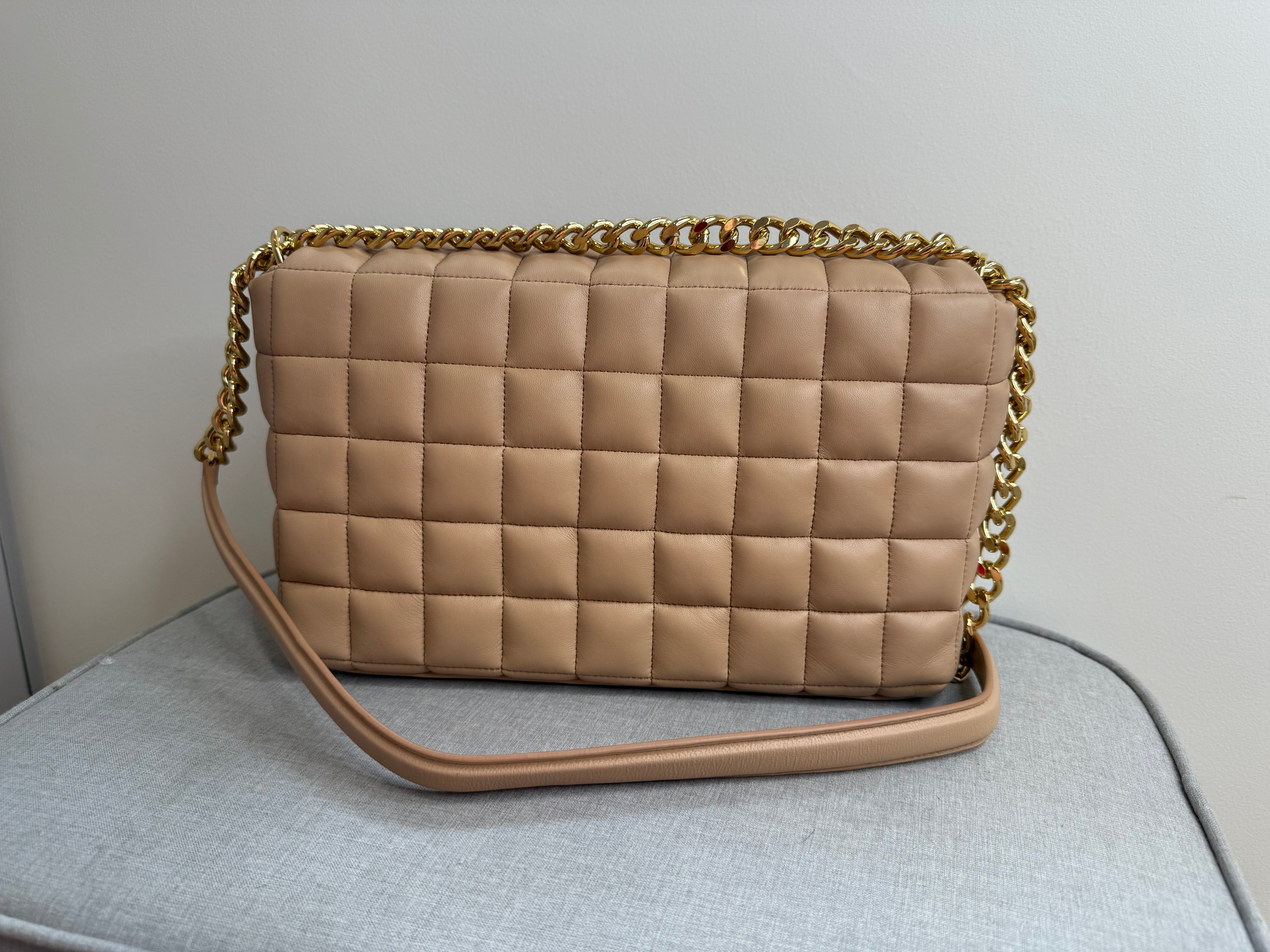 DeMellier Beige Quilted Leather Shoulder Bag with gold chain crossbody strap