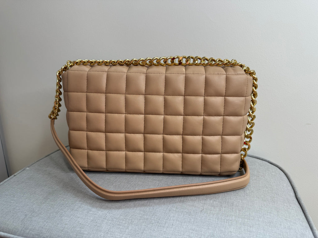 DeMellier Beige Quilted Leather Shoulder Bag with gold chain crossbody strap