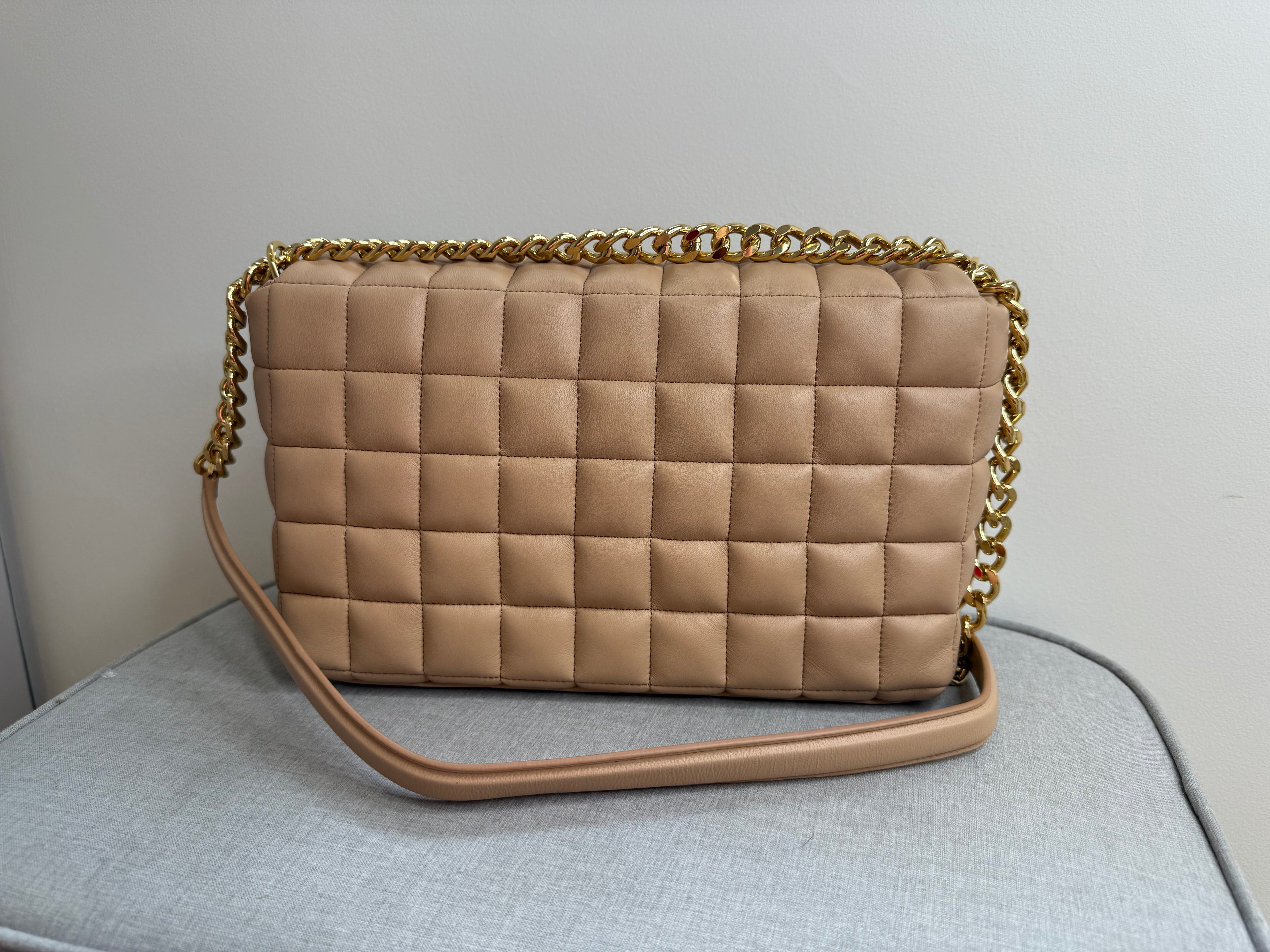 DeMellier Beige Quilted Leather Shoulder Bag with gold chain crossbody strap