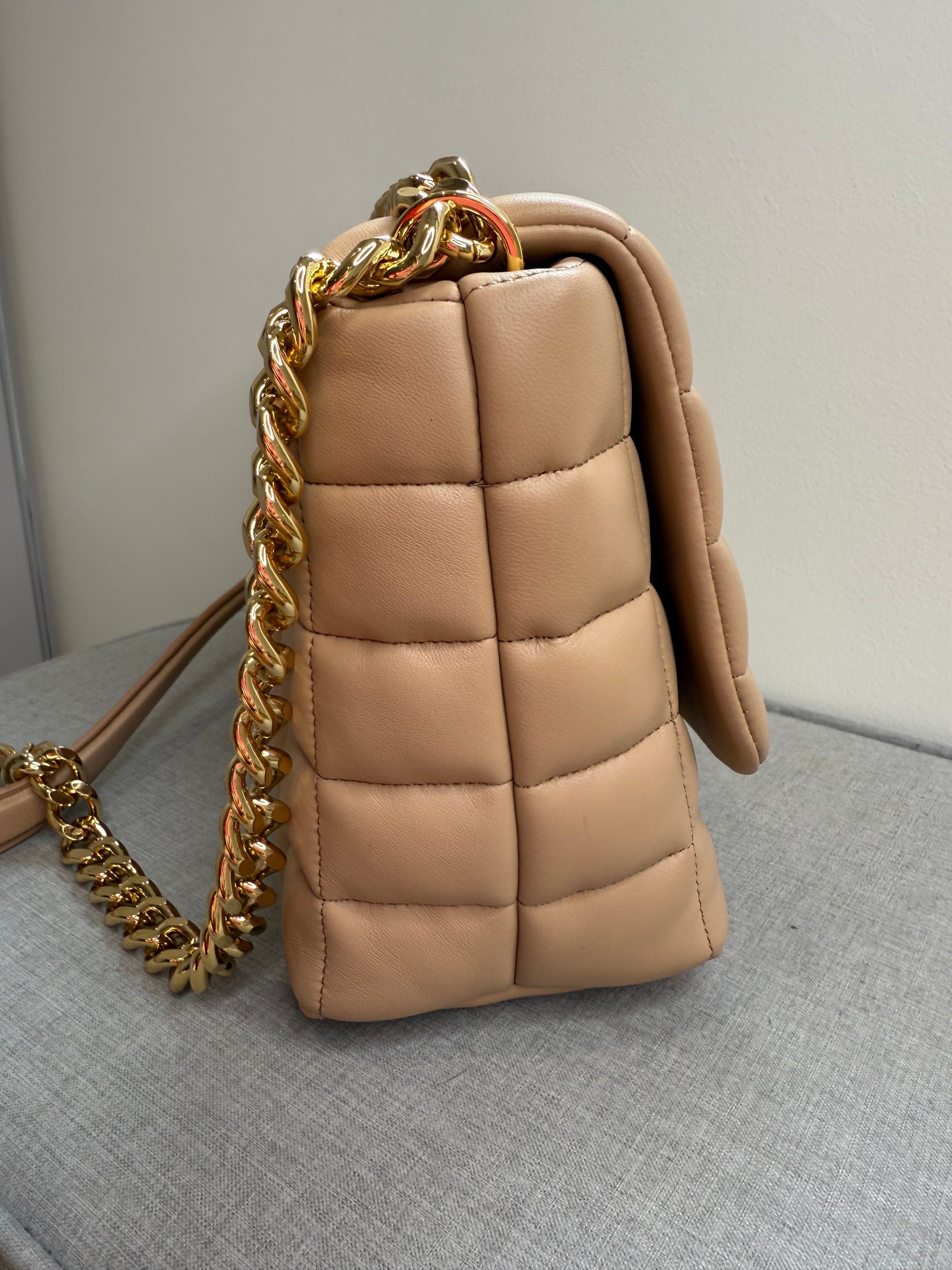 DeMellier Beige Quilted Leather Shoulder Bag with gold chain crossbody strap