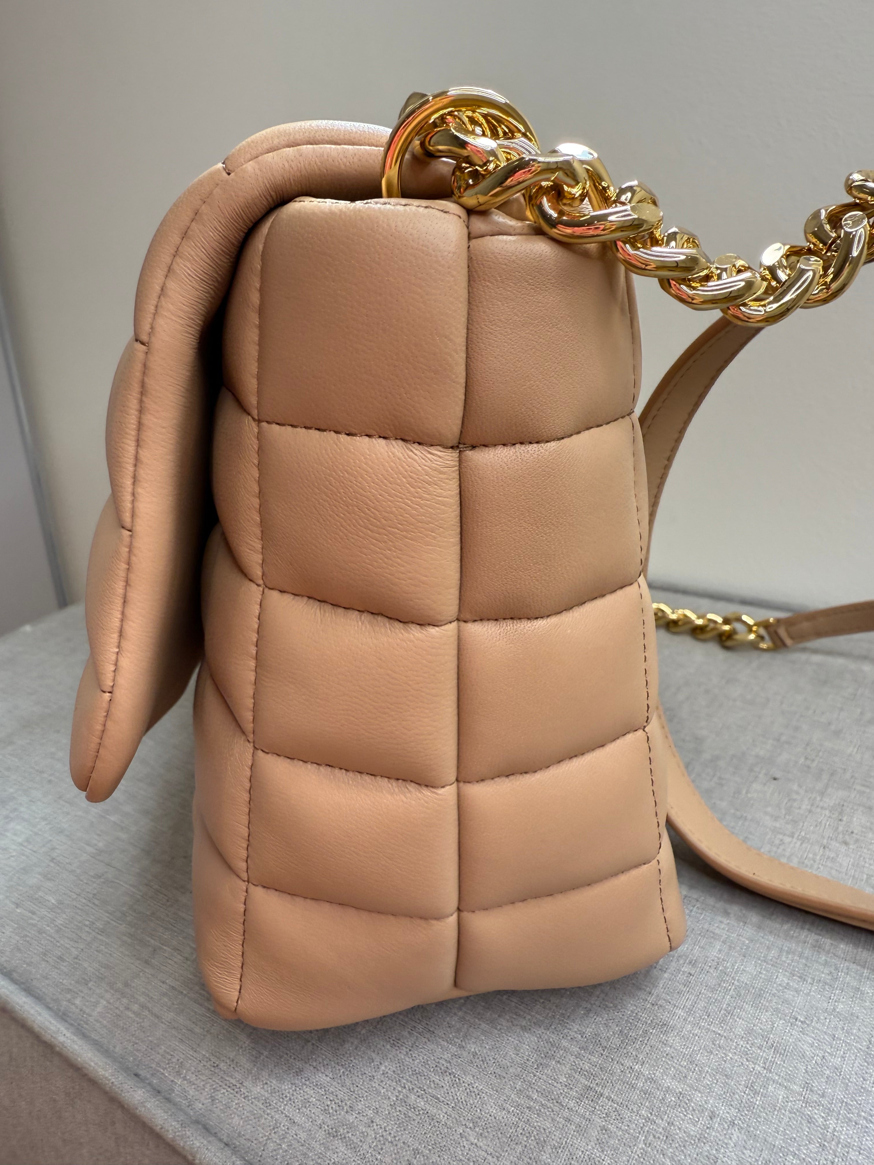 DeMellier Beige Quilted Leather Shoulder Bag with gold chain crossbody strap