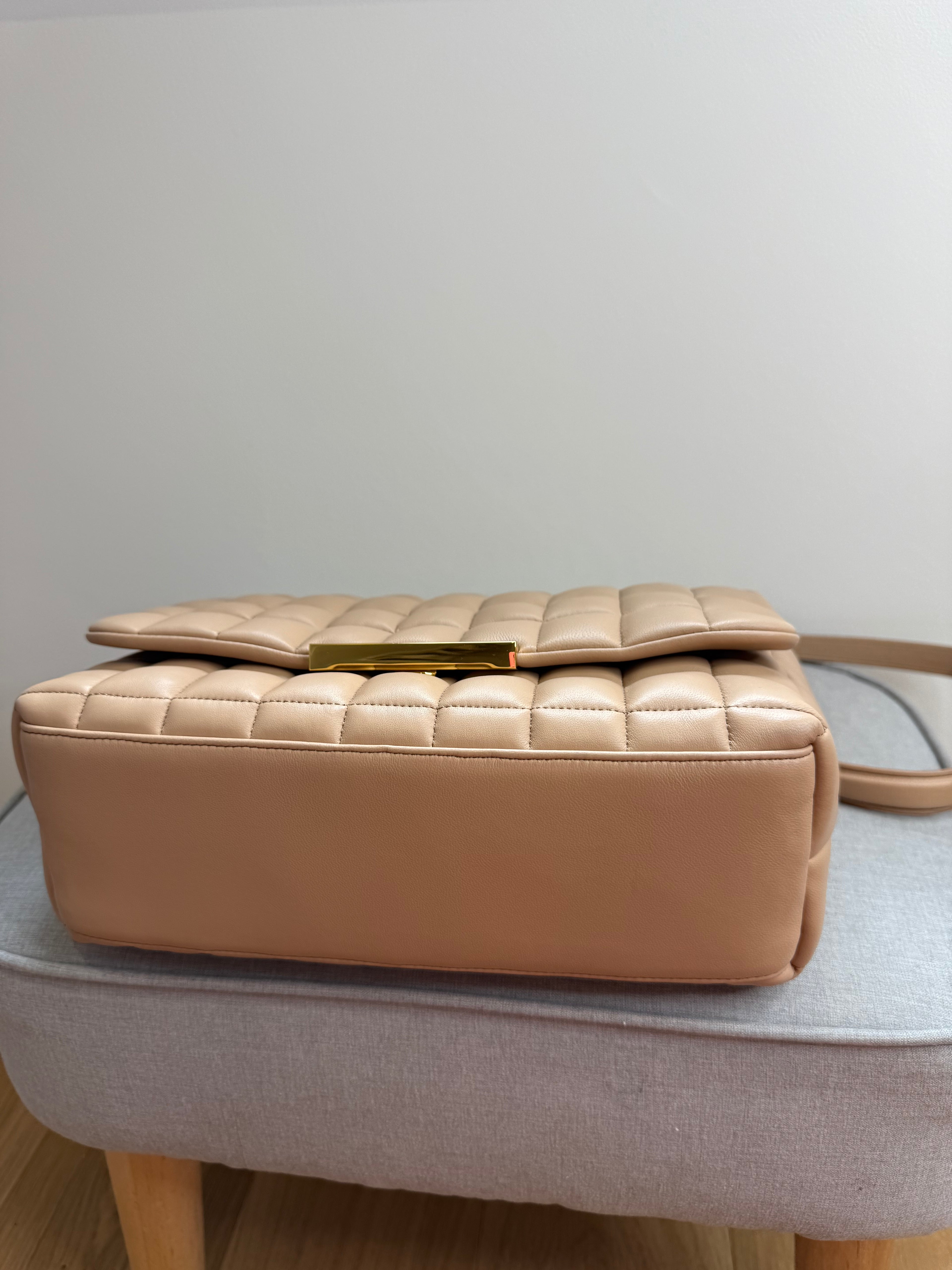 DeMellier Beige Quilted Leather Shoulder Bag with gold chain crossbody strap