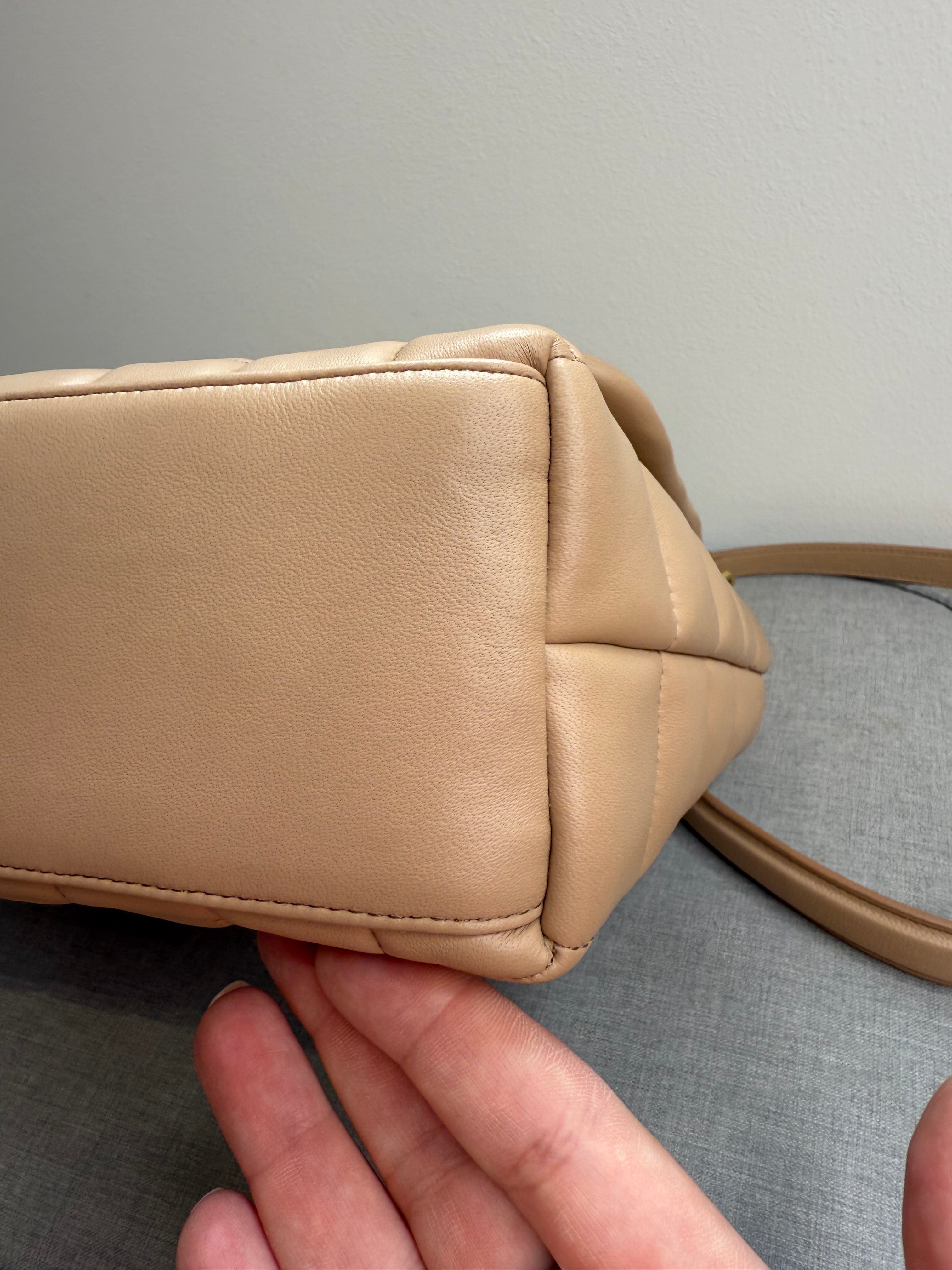 DeMellier Beige Quilted Leather Shoulder Bag with gold chain crossbody strap