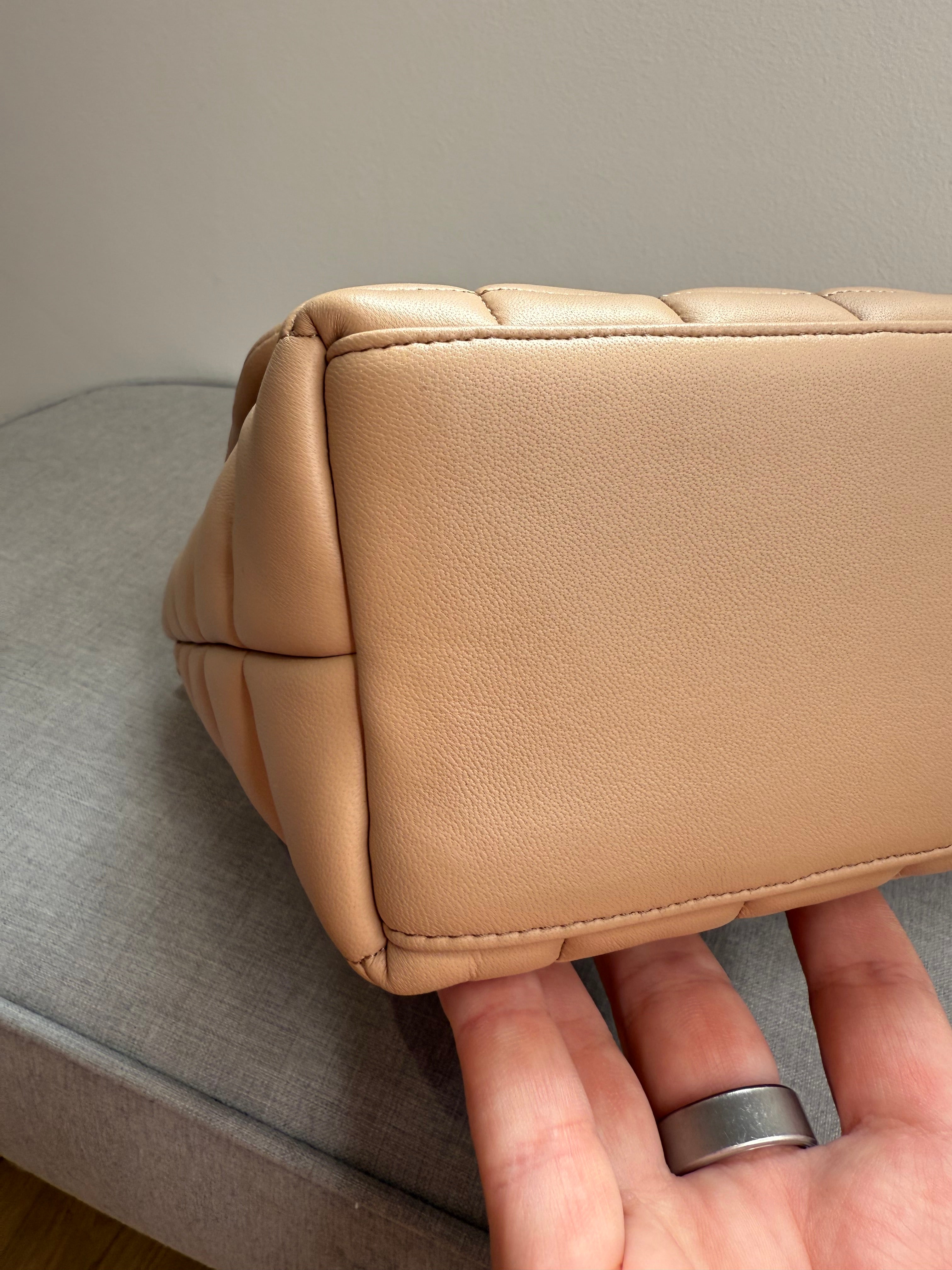 DeMellier Beige Quilted Leather Shoulder Bag with gold chain crossbody strap