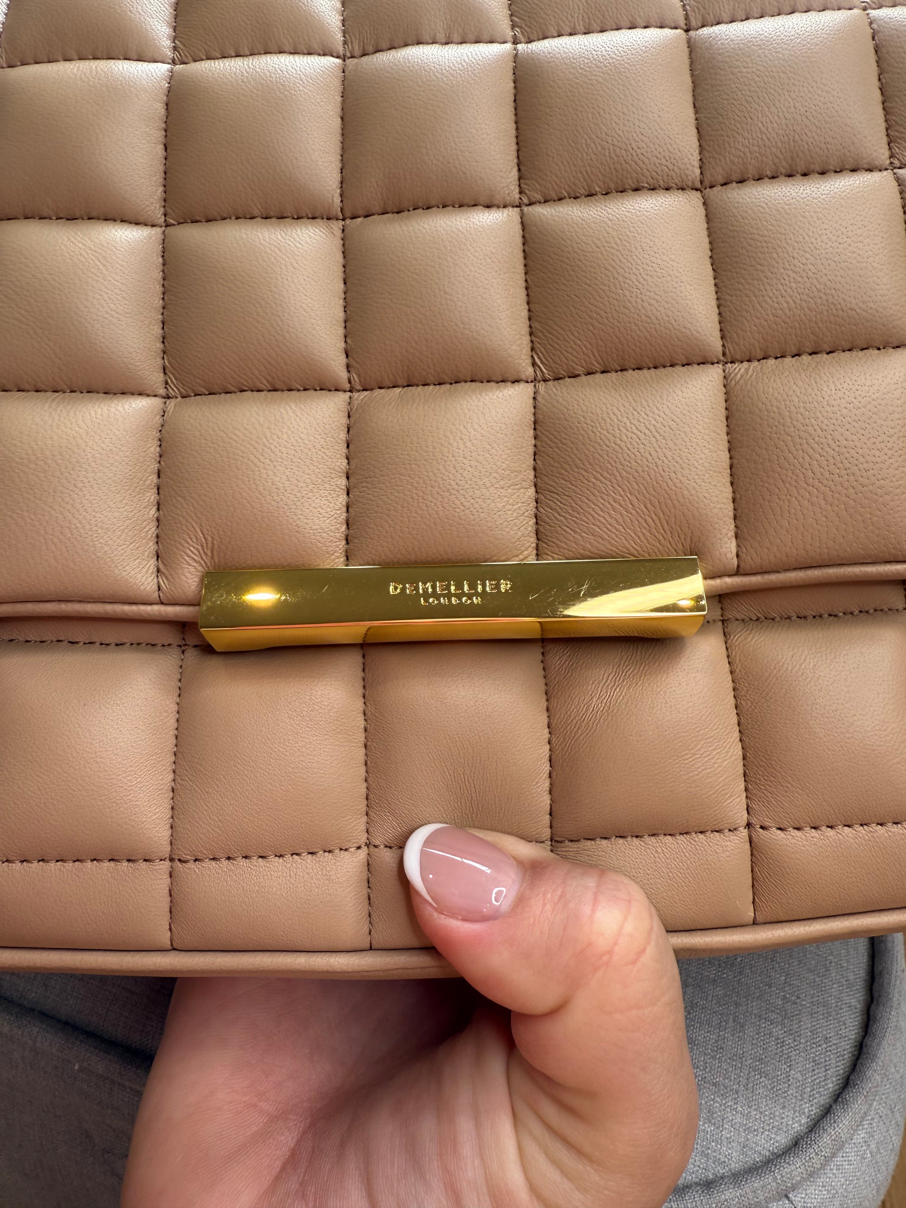 DeMellier Beige Quilted Leather Shoulder Bag with gold chain crossbody strap