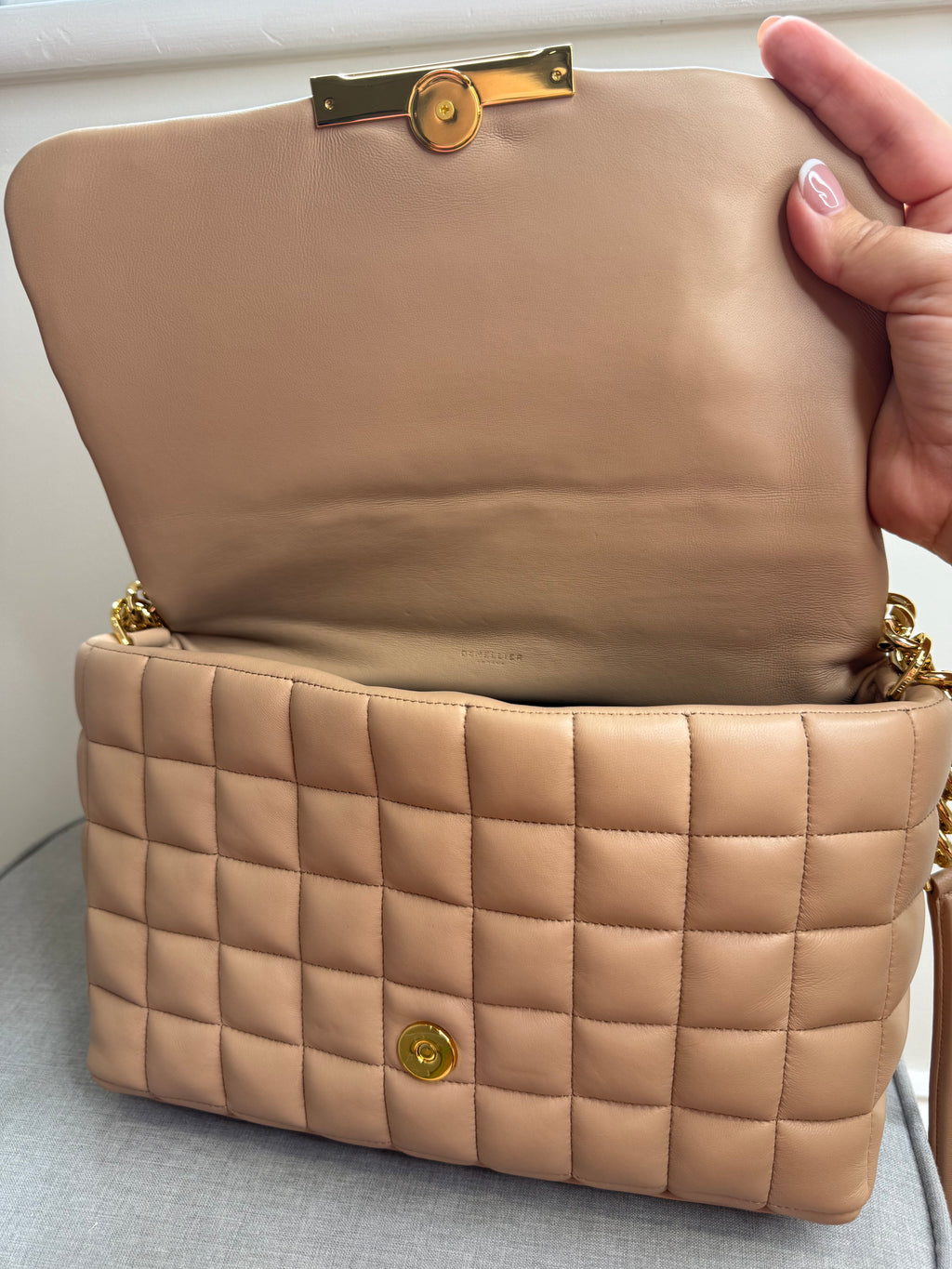 DeMellier Beige Quilted Leather Shoulder Bag with gold chain crossbody strap