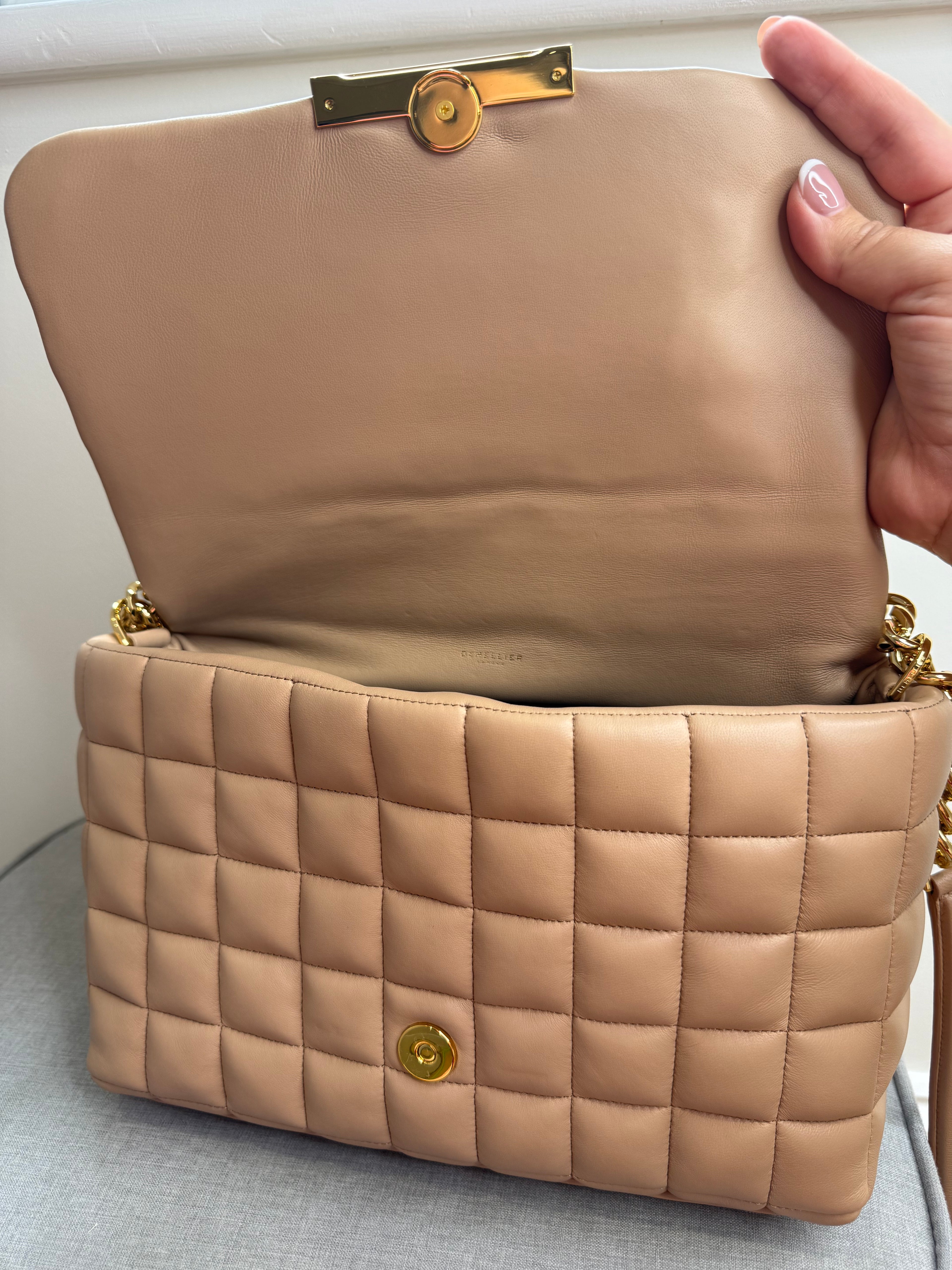 DeMellier Beige Quilted Leather Shoulder Bag with gold chain crossbody strap
