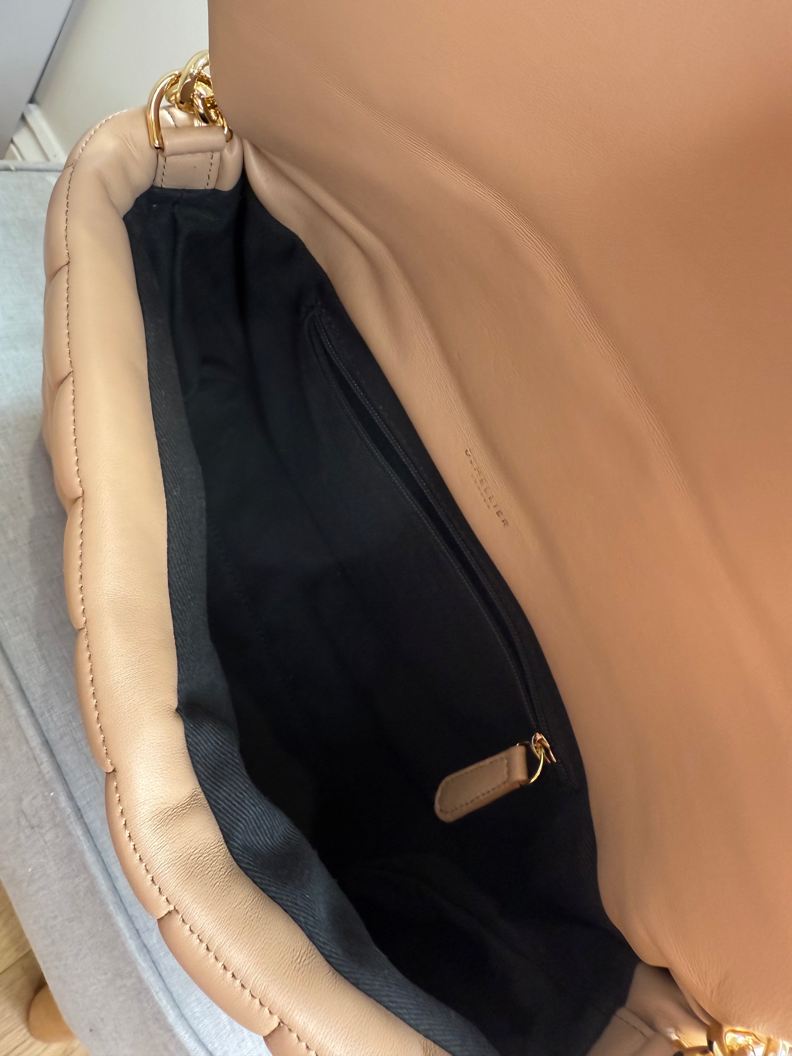 DeMellier Beige Quilted Leather Shoulder Bag with gold chain crossbody strap