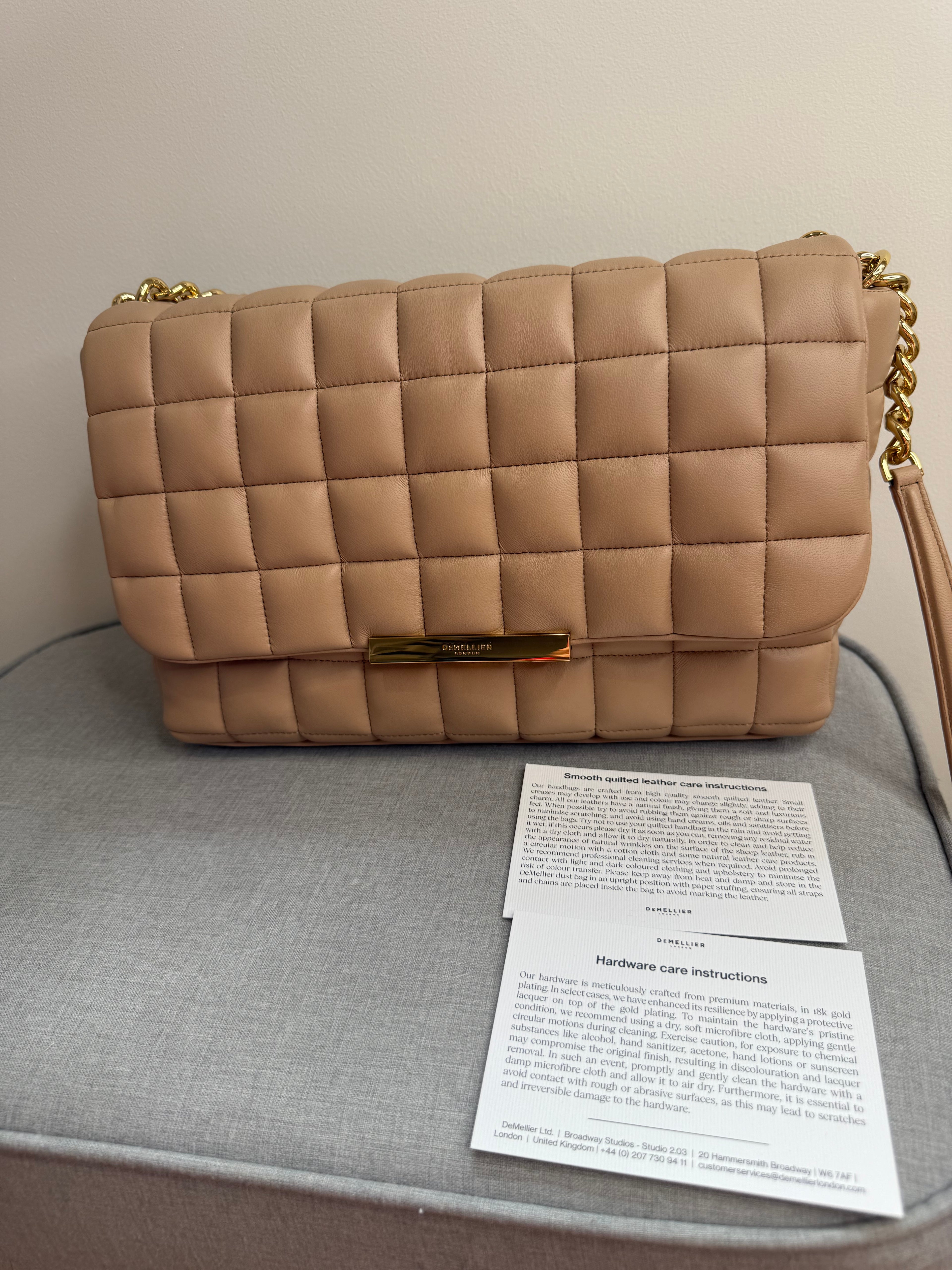 DeMellier Beige Quilted Leather Shoulder Bag with gold chain crossbody strap