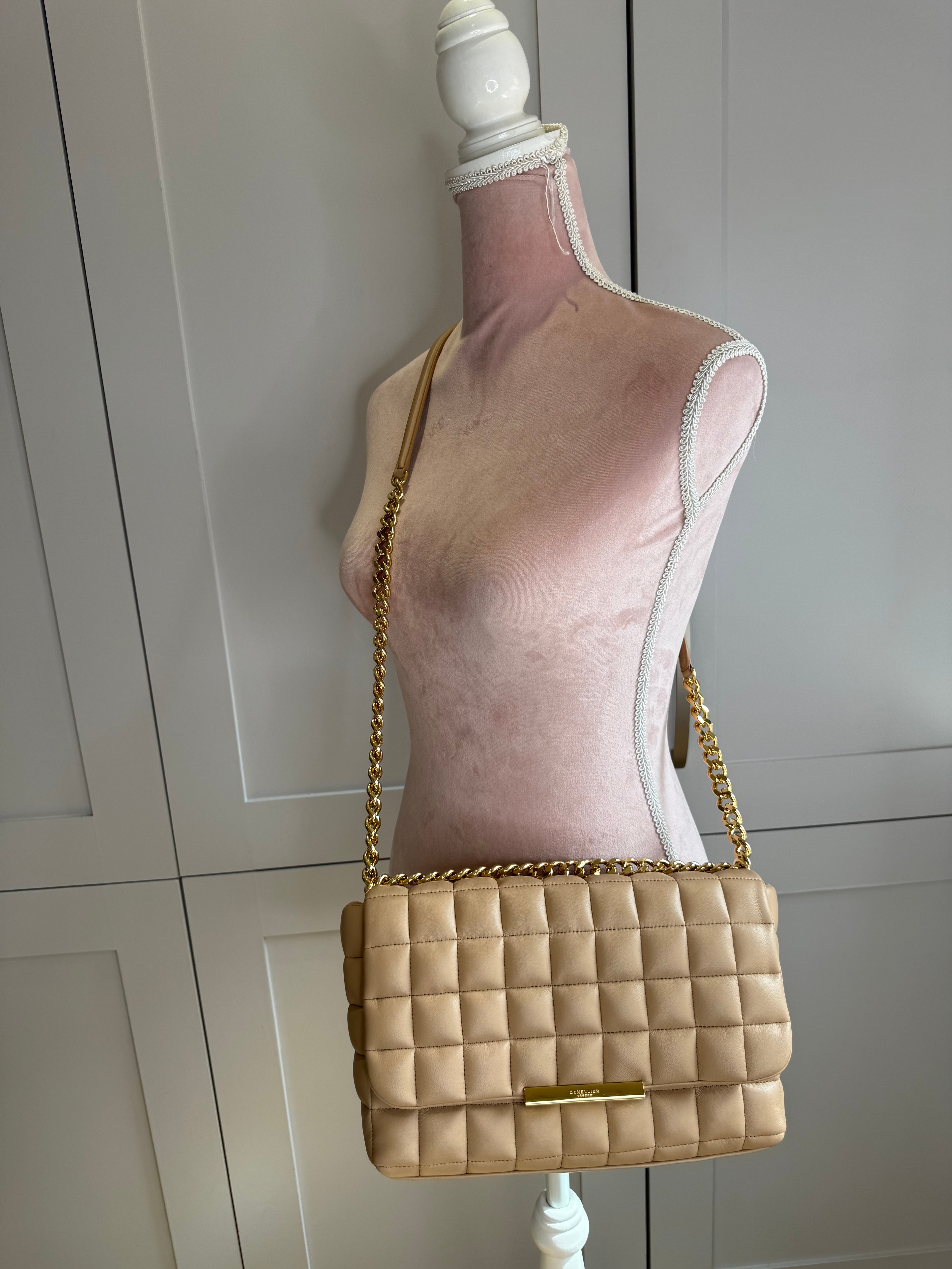 DeMellier Beige Quilted Leather Shoulder Bag with gold chain crossbody strap