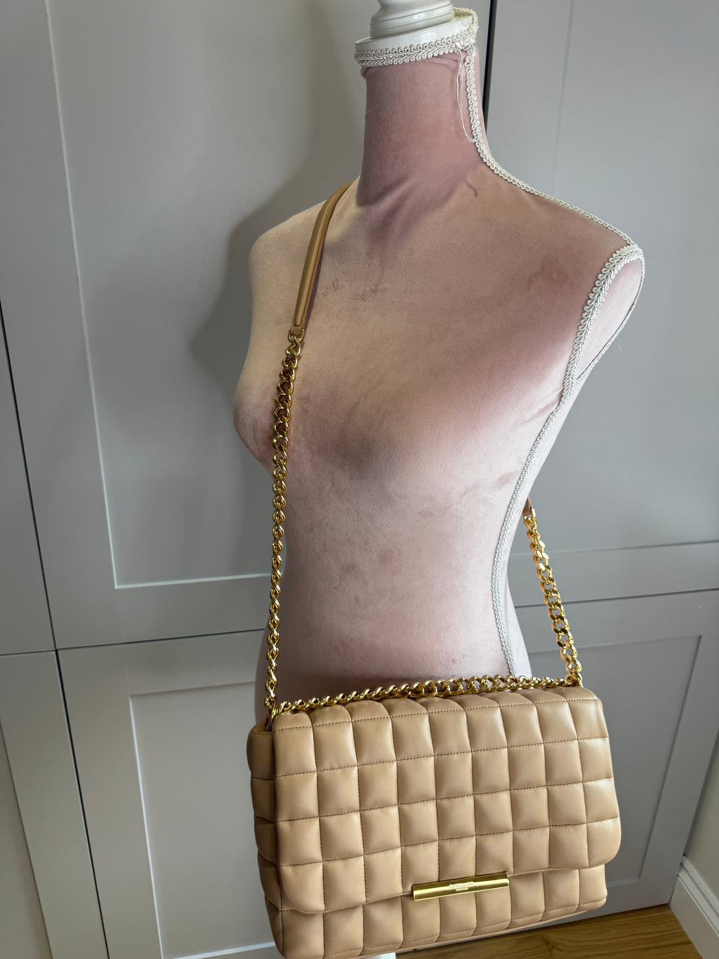 DeMellier Beige Quilted Leather Shoulder Bag with gold chain crossbody strap