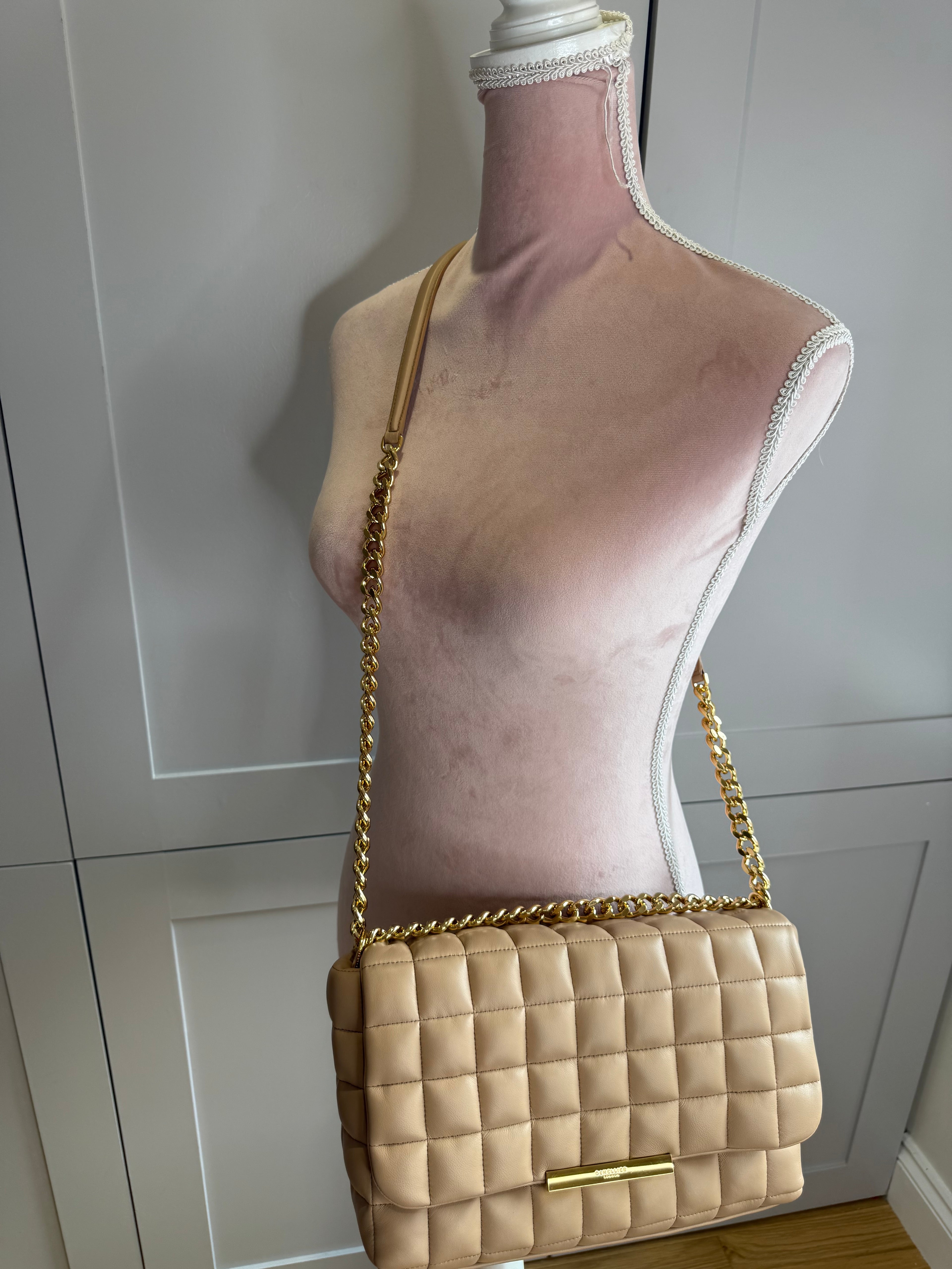 DeMellier Beige Quilted Leather Shoulder Bag with gold chain crossbody strap