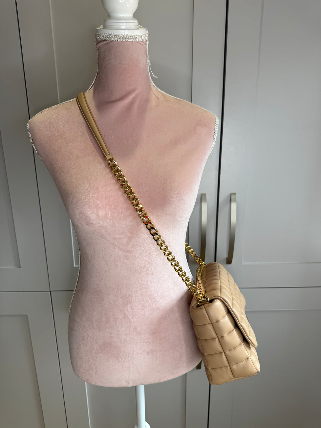 DeMellier Beige Quilted Leather Shoulder Bag with gold chain crossbody strap