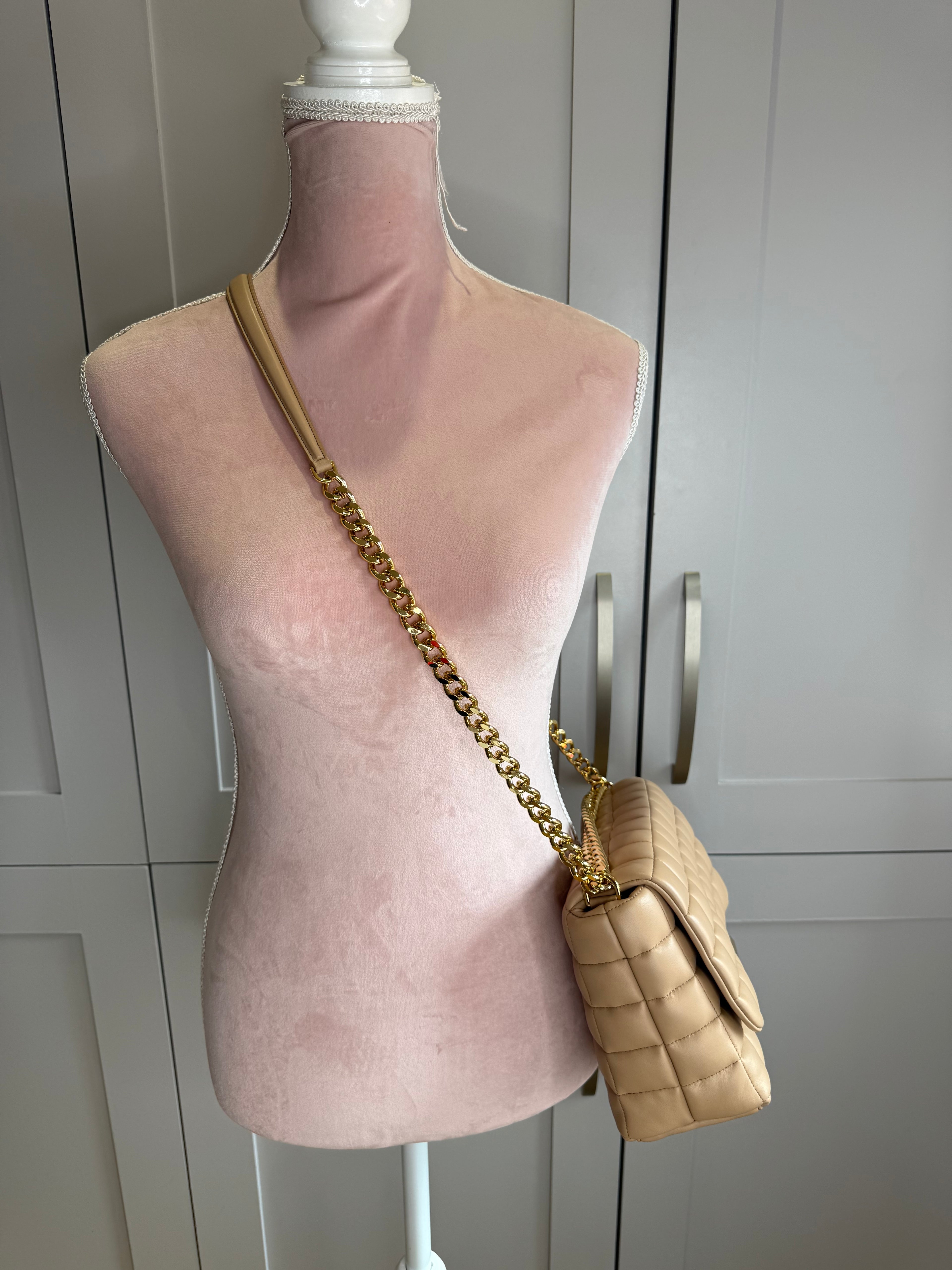 DeMellier Beige Quilted Leather Shoulder Bag with gold chain crossbody strap