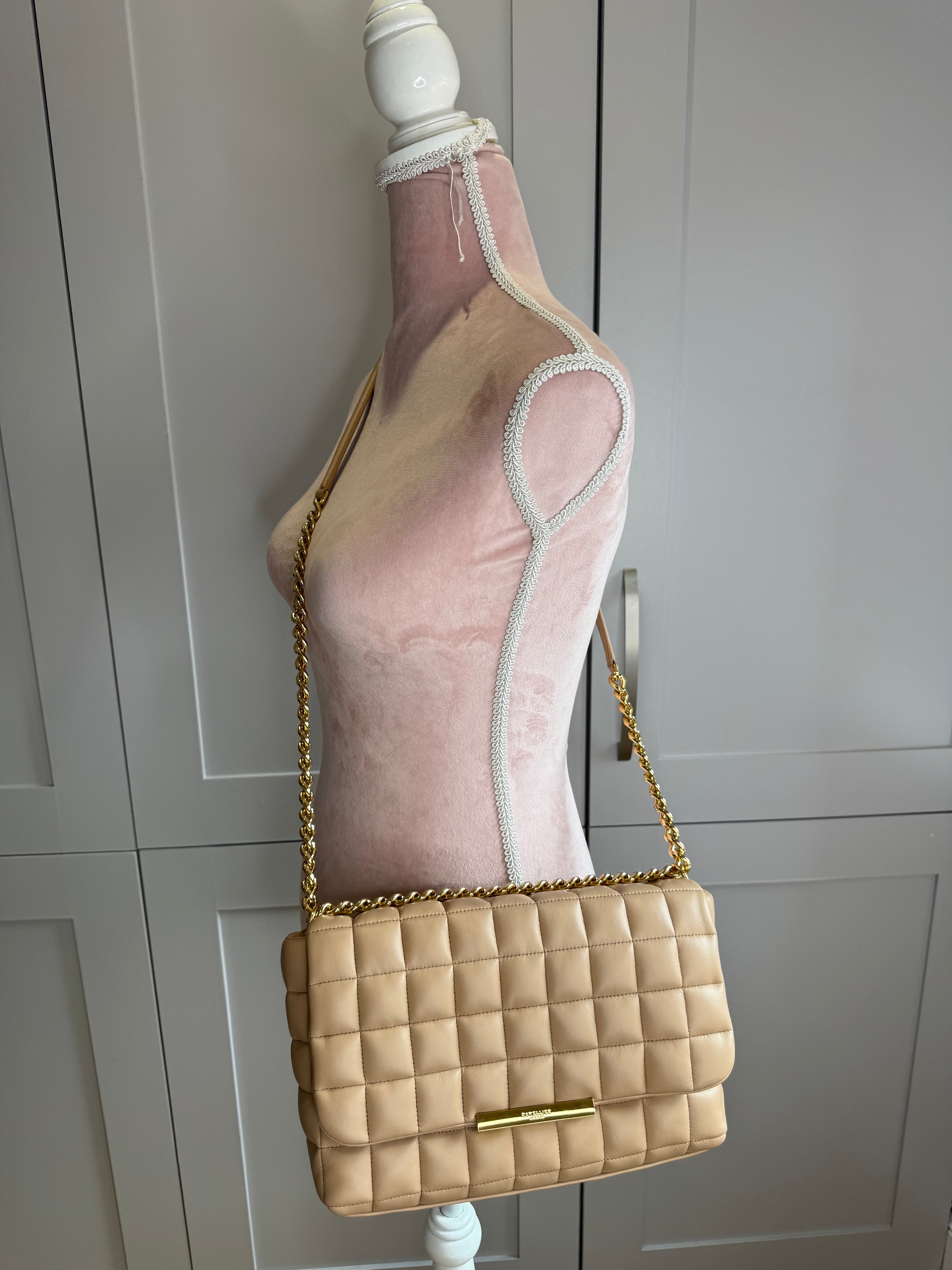 DeMellier Beige Quilted Leather Shoulder Bag with gold chain crossbody strap