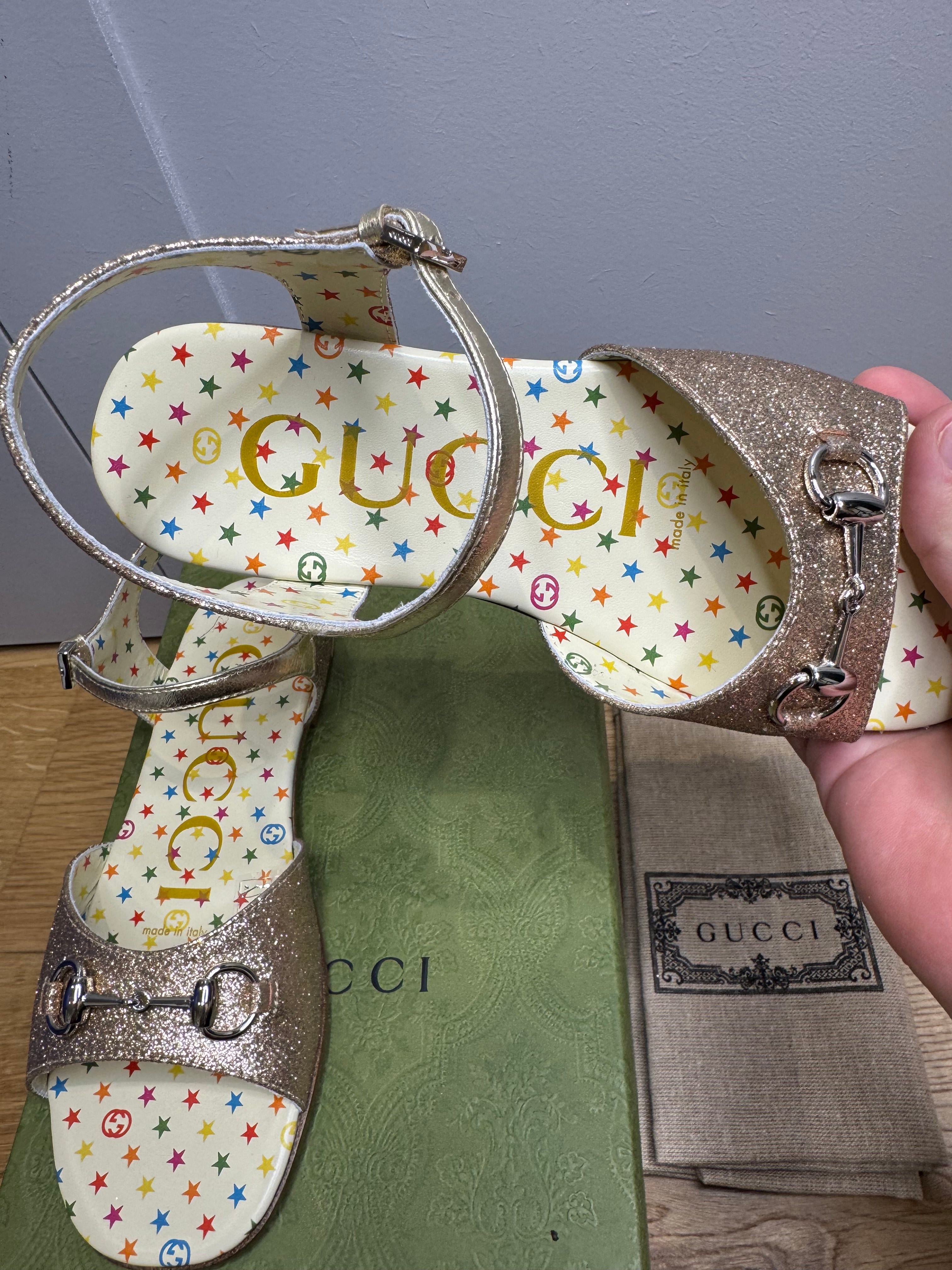 New Gucci Aisha Metallic Leather Sandals with Horsebit Logo