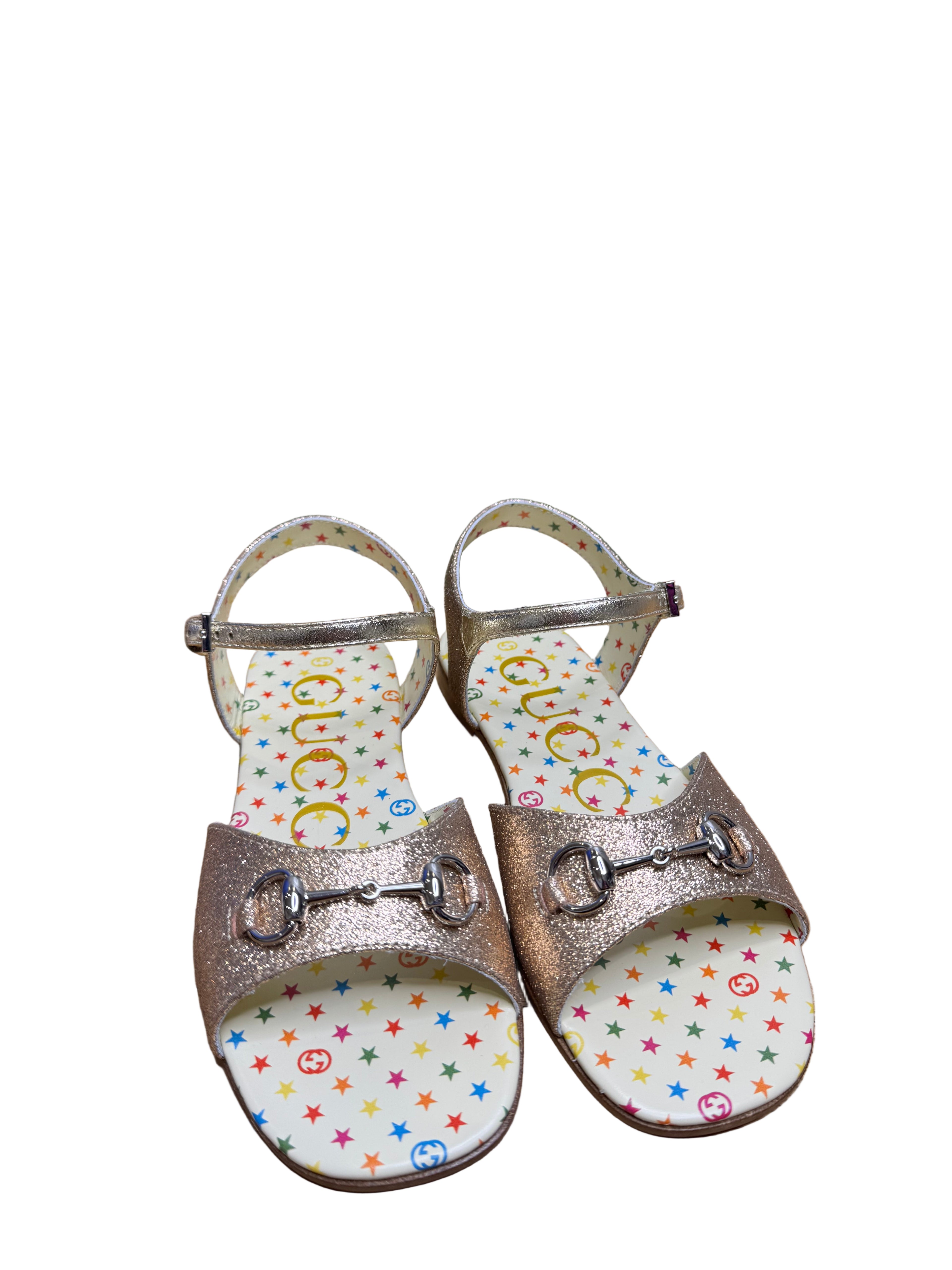 New Gucci Aisha Metallic Leather Sandals with Horsebit Logo
