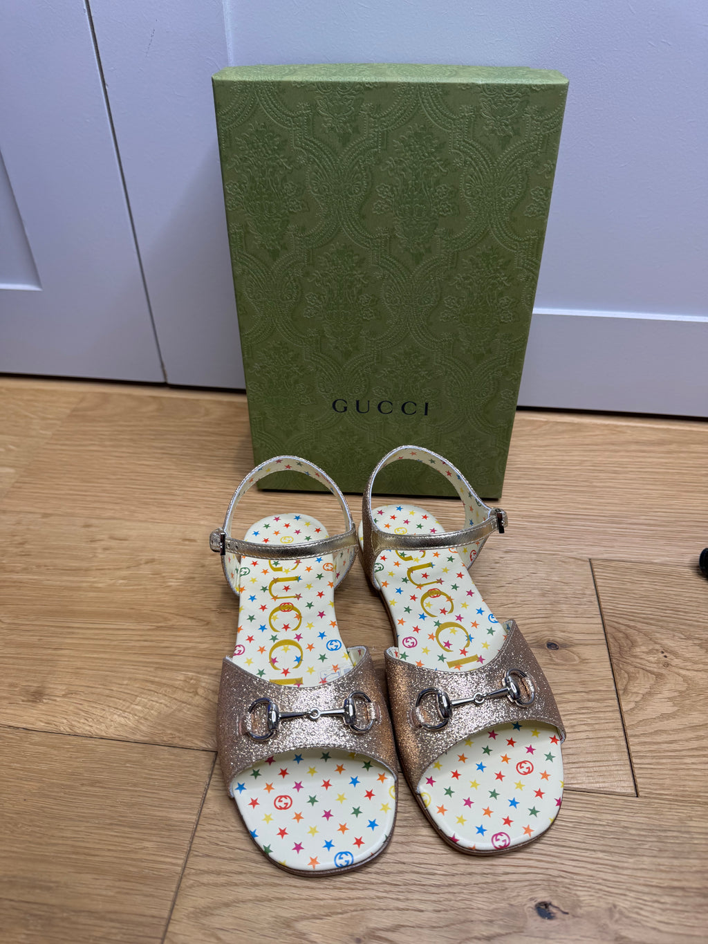 New Gucci Aisha Metallic Leather Sandals with Horsebit Logo