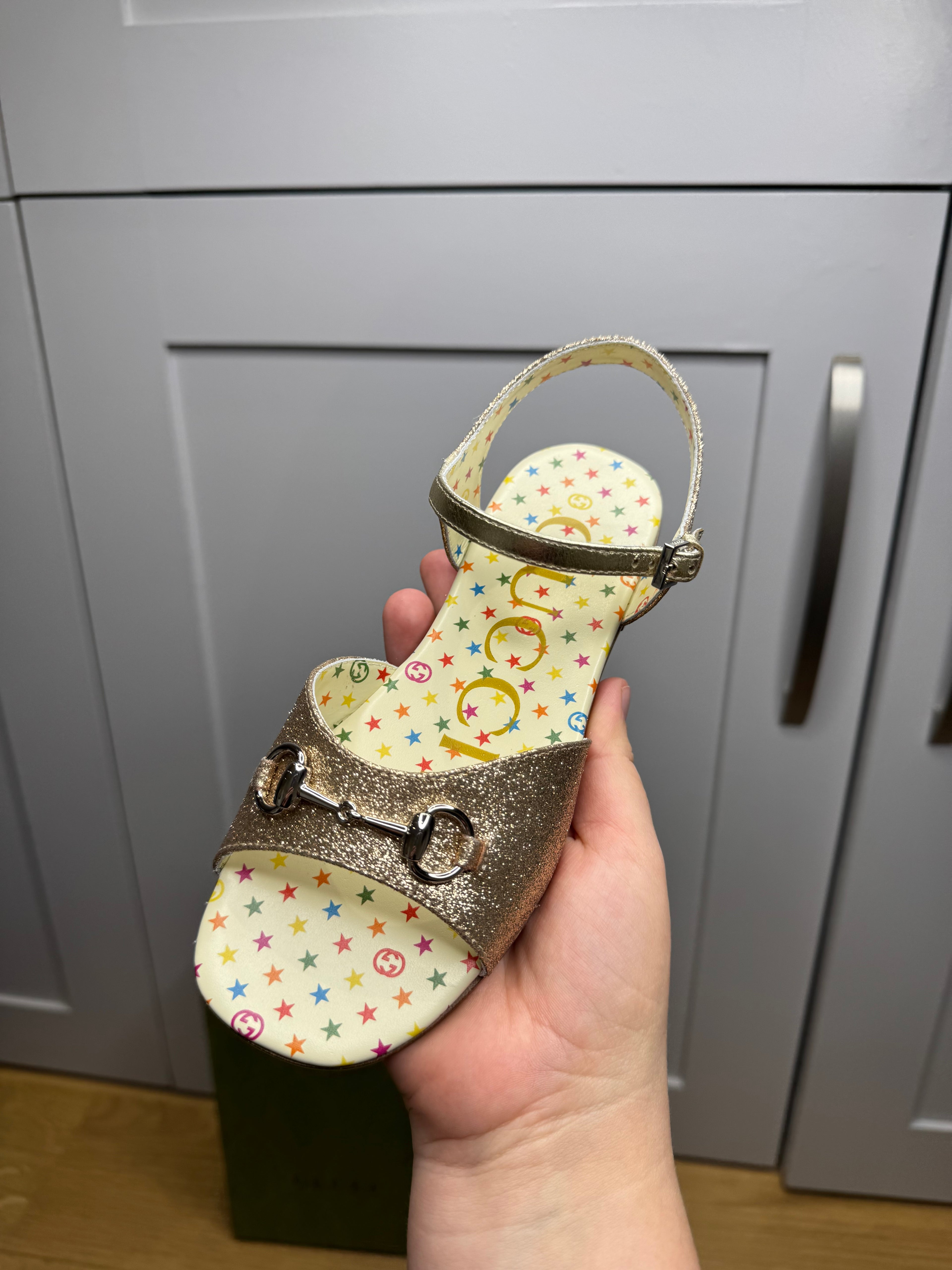 New Gucci Aisha Metallic Leather Sandals with Horsebit Logo