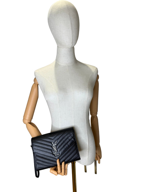 Black Saint Laurent Cassandre Matelassé Flap Pouch wristlet Bag In Grain De Poudre Leather