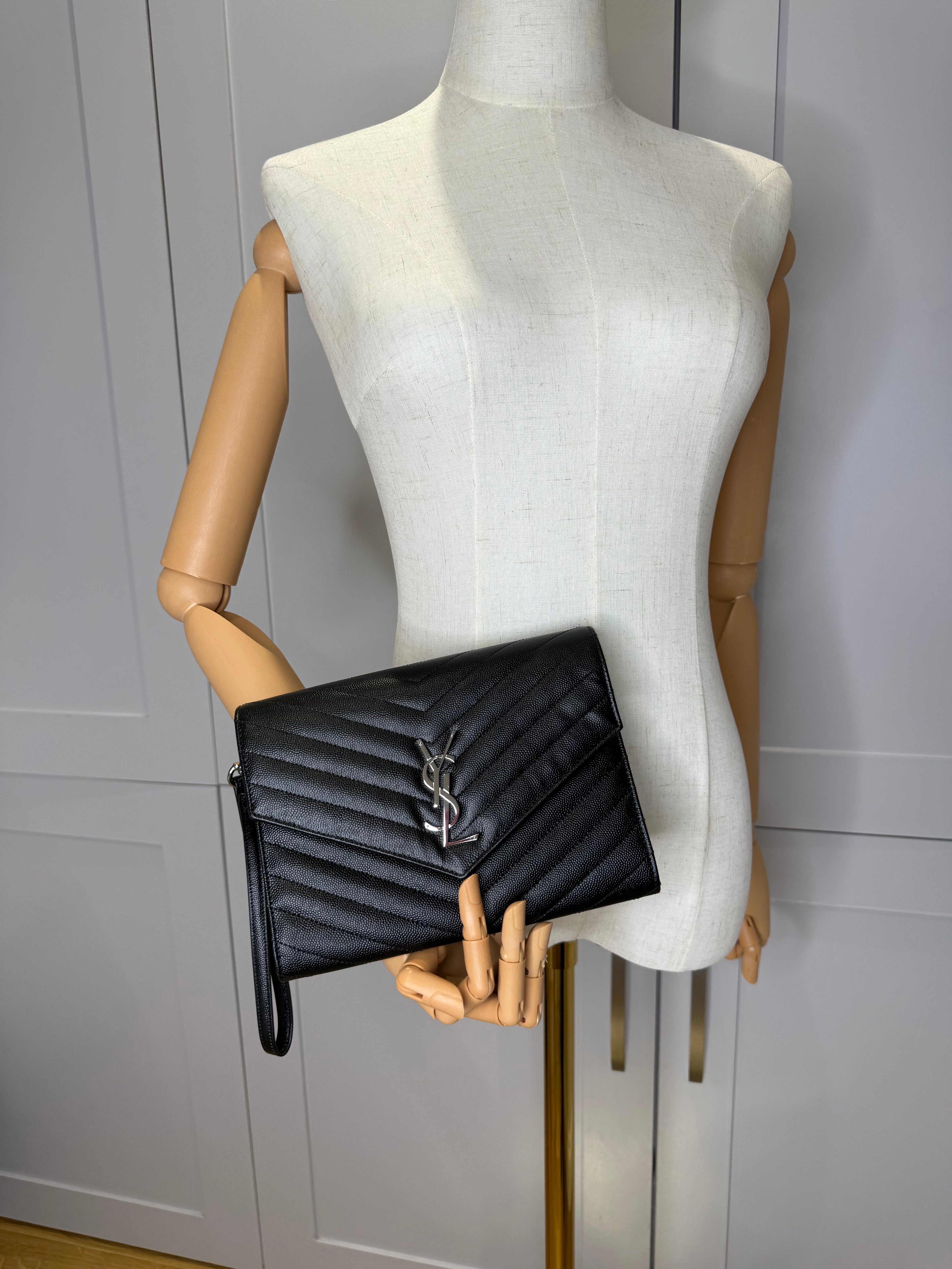 Black Saint Laurent Cassandre Matelassé Flap Pouch wristlet Bag In Grain De Poudre Leather