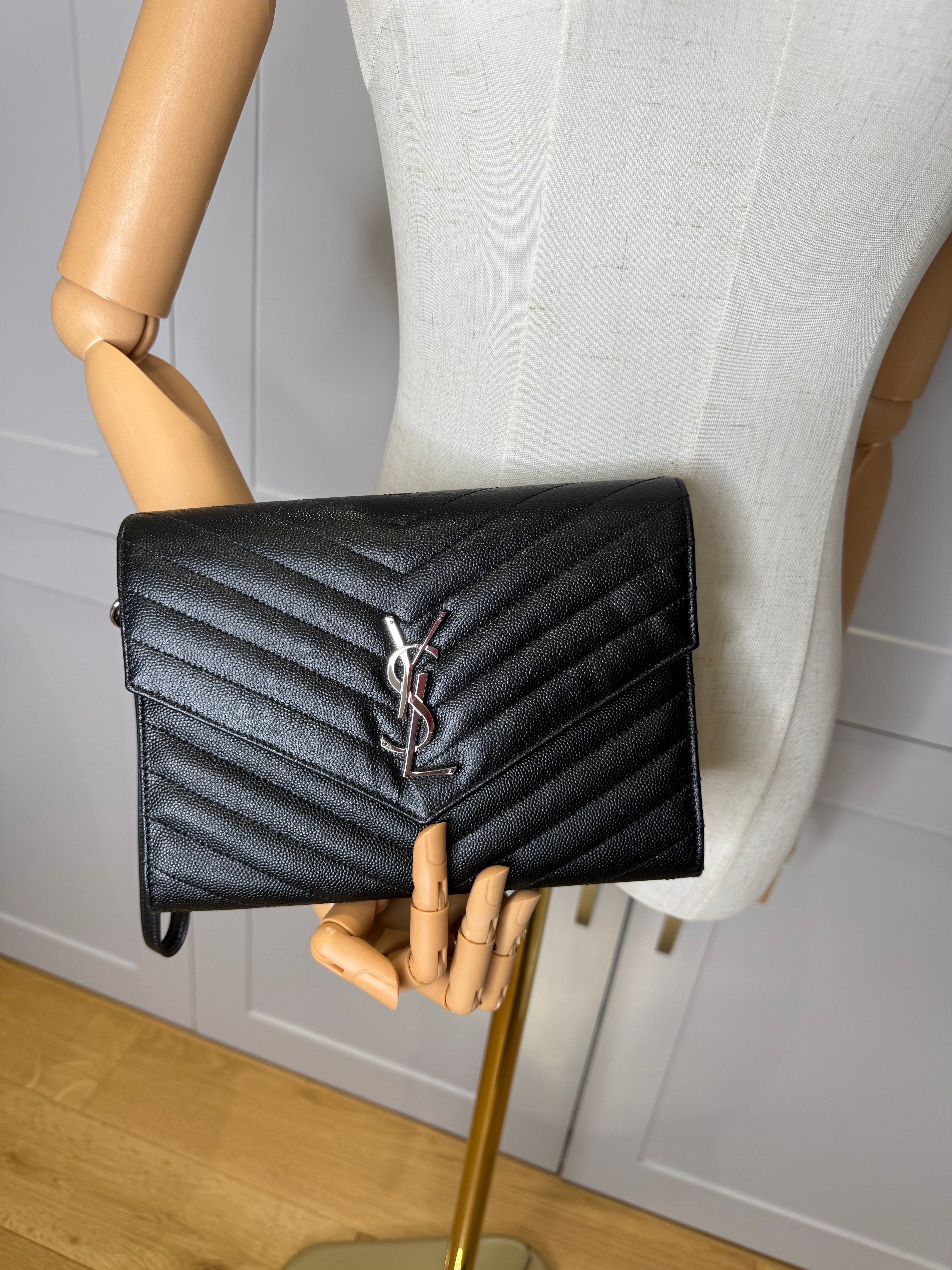 Black Saint Laurent Cassandre Matelassé Flap Pouch wristlet Bag In Grain De Poudre Leather