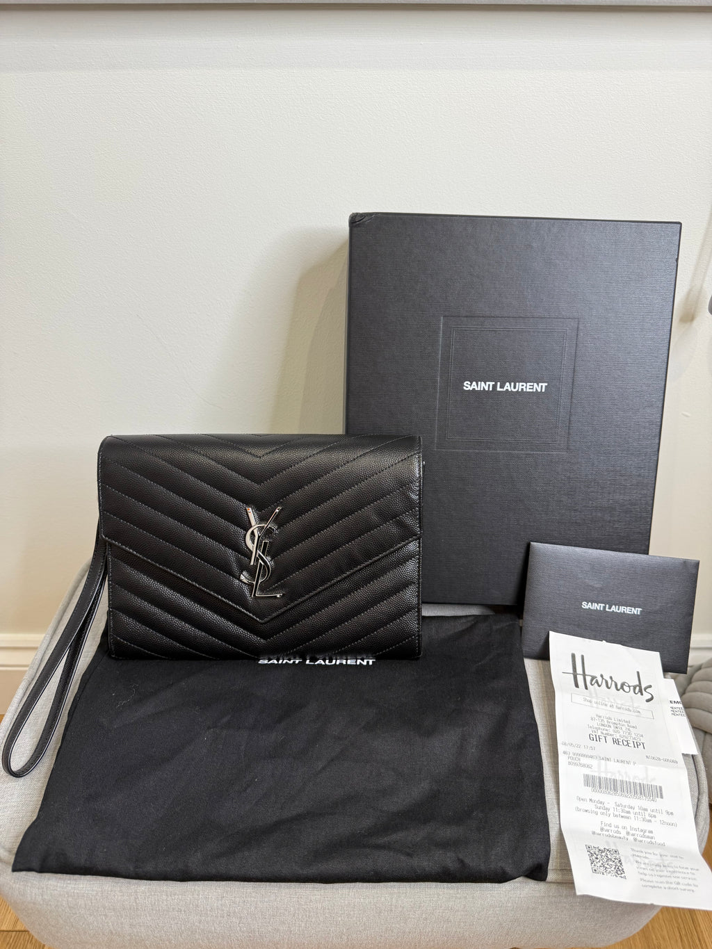 Black Saint Laurent Cassandre Matelassé Flap Pouch wristlet Bag In Grain De Poudre Leather