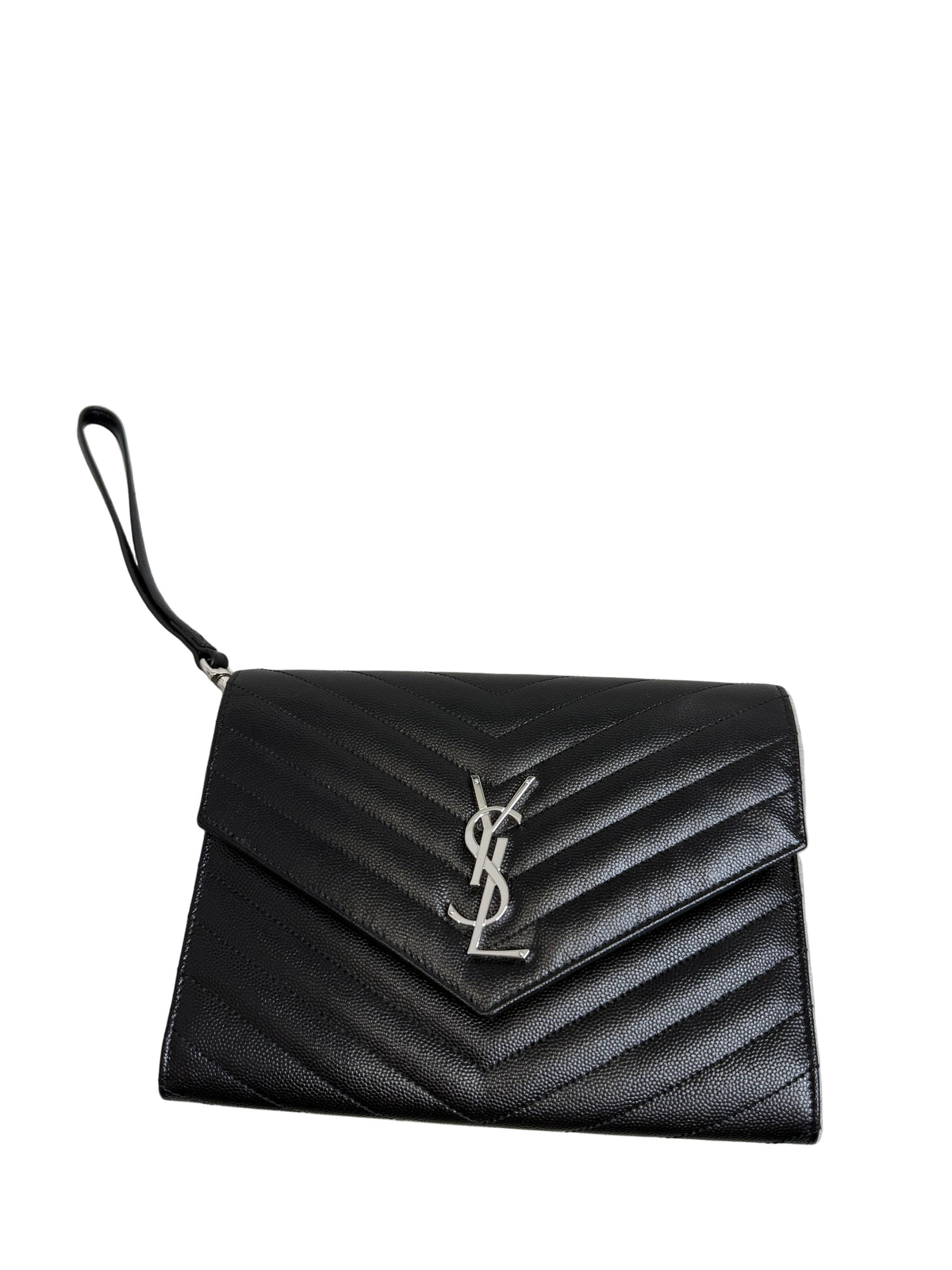 Black Saint Laurent Cassandre Matelassé Flap Pouch wristlet Bag In Grain De Poudre Leather